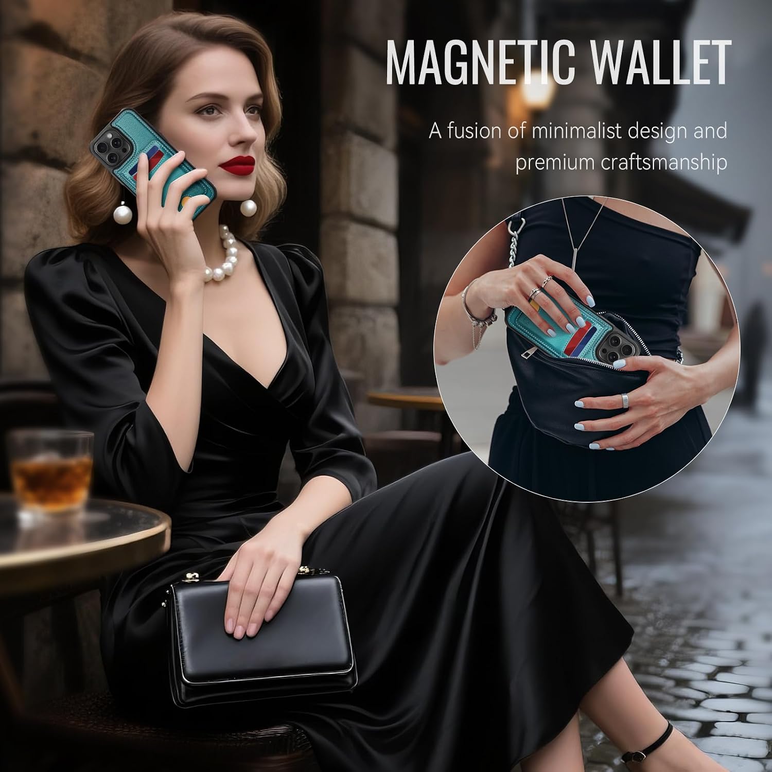 for iPhone 15 Pro Max Wallet Case Compatible with Magsafe, RFID Blocking Magnetic Card Holder Detachable Kickstand Detachable Shockproof Phone Cover, Bluish Green