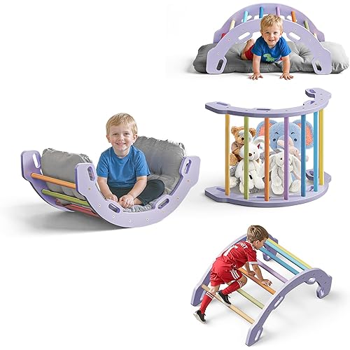COSYLAND Kids Climbing Arch Rocker with Cushion - Solid Wooden Toddler Climbing Toys Indoor with Handrails on Each Side - Indoor Playground Arch Pikler Climbing Ladder (Purple Frame, Rainbow Sticks)
