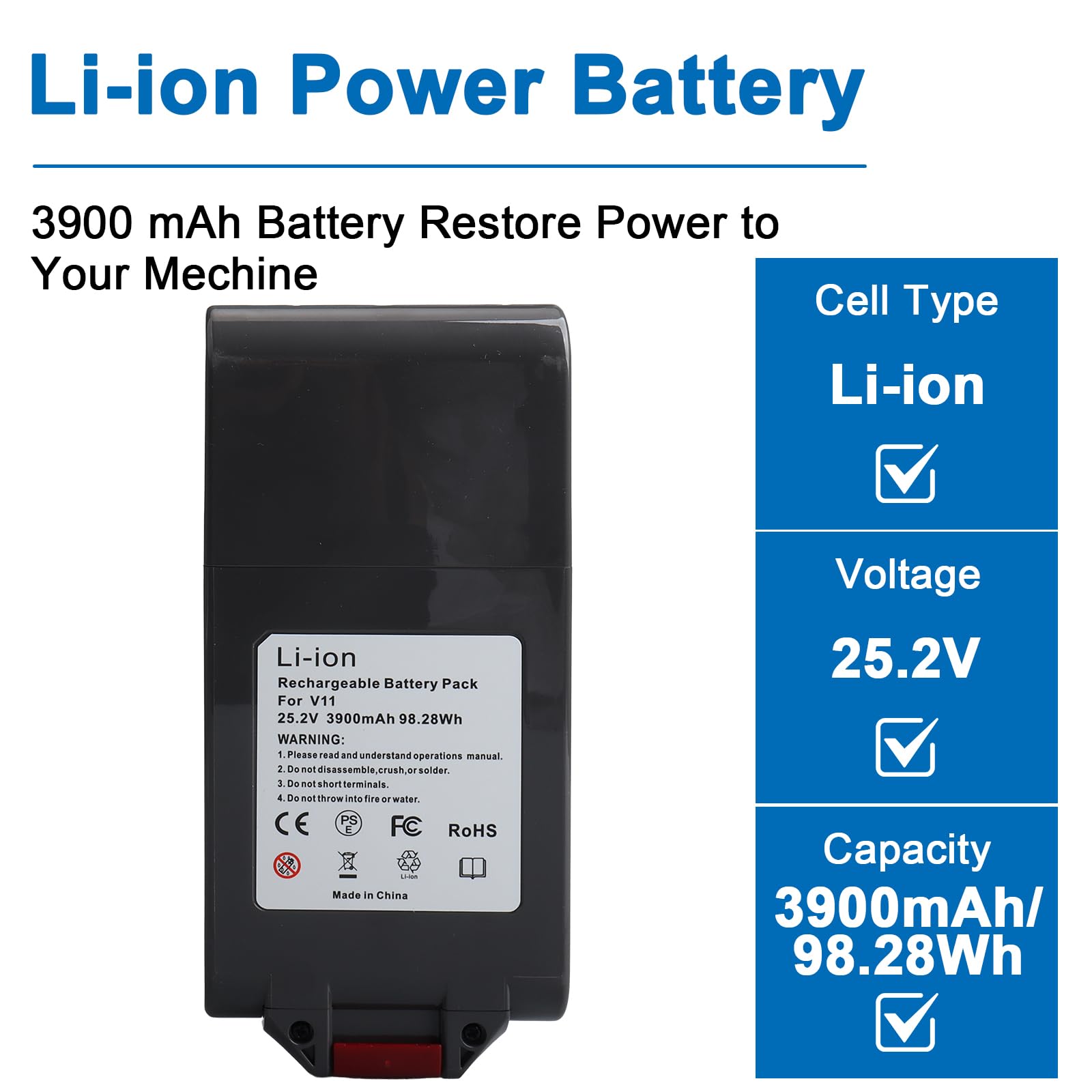 Batería de repuesto de 25,2 V, 3900 mAh, V11, compatible con aspiradoras Dyson-V11 V15 de ion de litio Animal/Absolute/Motorhead/Fluffy/aspiradora de mano (versión click-in, no para modelos con