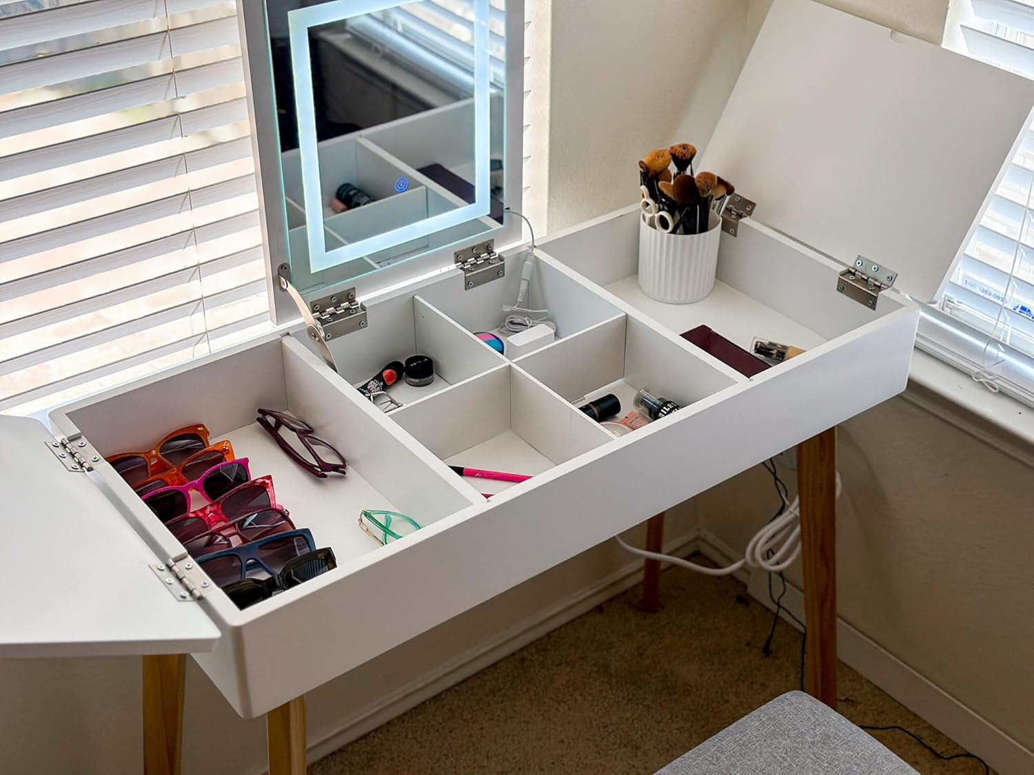 Vanity Desk, Flip Top Makeup Vanity Table with Power Outlet, Makeup Vanity Desk with Mirror & LED Light, Modern Vanity Set with Cushioning Stool, Small Vanity for Kids Bedroom, White