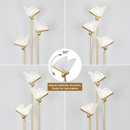 Miniatura 7 de Lámparas de pie doradas para sala de estar, lámpara de pie moderna con estantes, 3 luces LED de mariposa ajustables, lámparas de pie de latón con