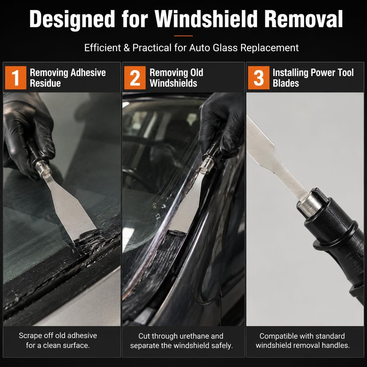 3 Pack Windshield Removal Tool Blades, 10 12 14 Inch Auto Glass Cut Out Blade Set, 420 Stainless Steel Cutting Tools for Adhesive Bead, Seam Removal and Glass Replacement Handles