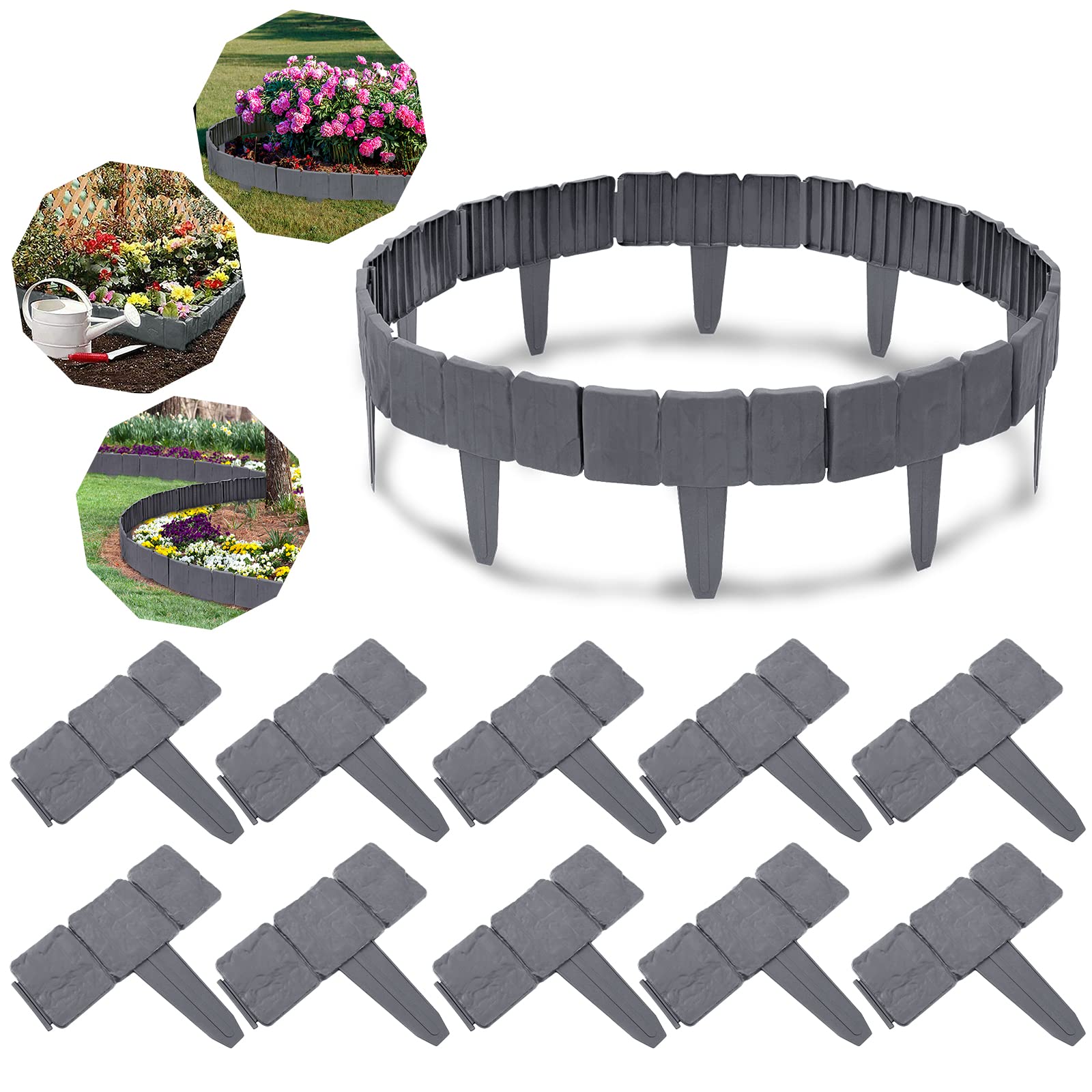 UISEBRT Recinzione per Giardino Effetto Pietra 20 m, Bordo per Prato in Plastica, per giardino, decorazione per aiuole, 1 elemento (lunghezza x altezza): 25 x 23 cm, antracite