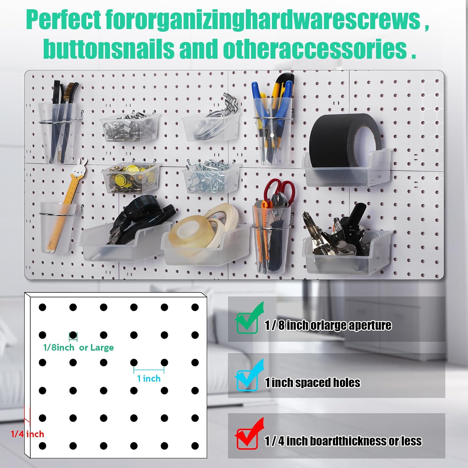 Roowest 60 Pcs Pegboard Cups Pegboard Bins Set, Wall Organizer with Hooks and Loops, Hooks Assortment Organizer Accessory for Office Storage Garage Craft Workshop(Clear)