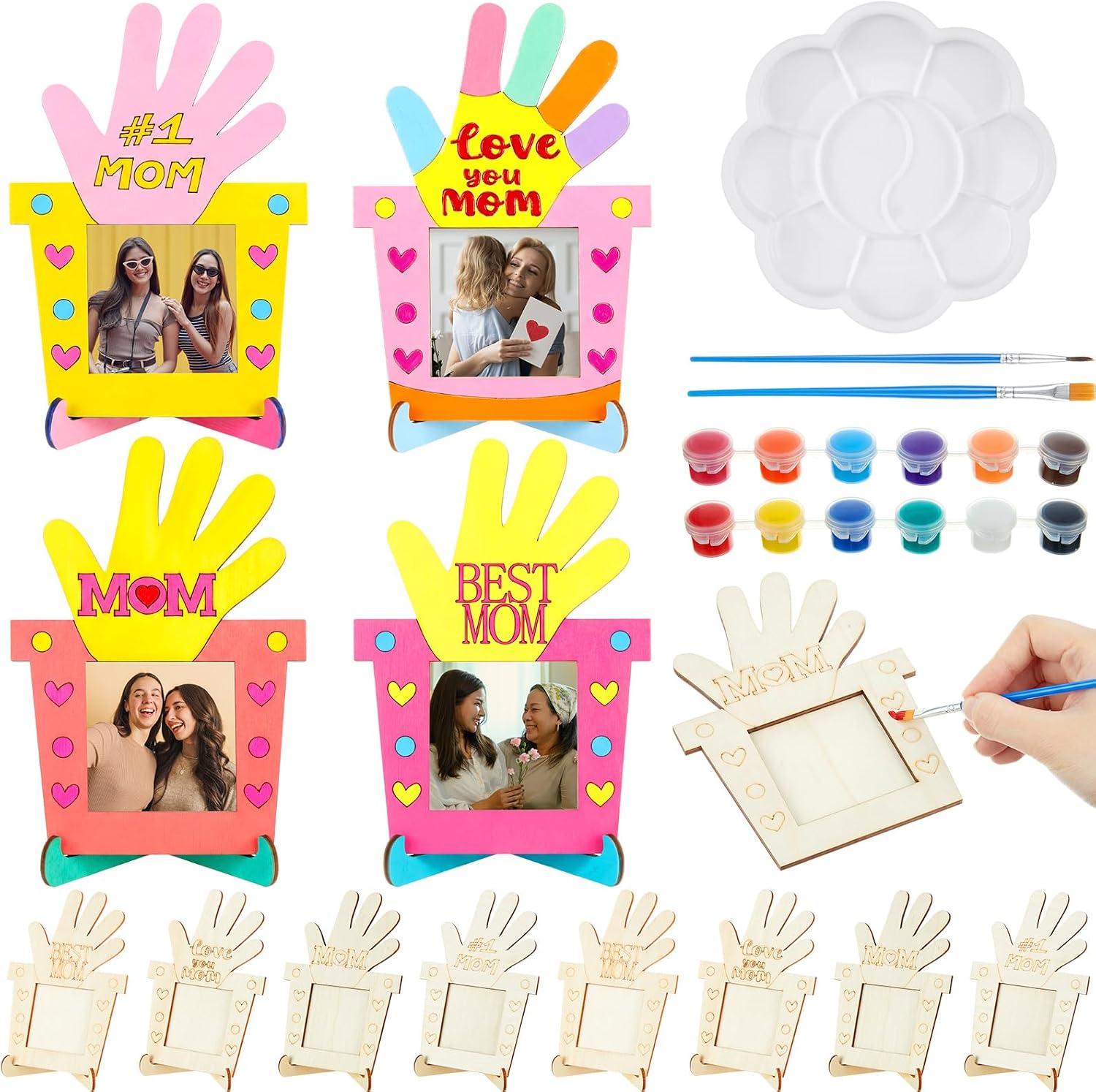 Gerrii 12 Pack Mother's Day Picture Frame Craft Kit, Wooden DIY Flower Pot Photo Frame Bulk with Paints, Color Your Own Mothers Day Handmade Gift for Mom Grandma from Daughter Son Tabletop Home Decor