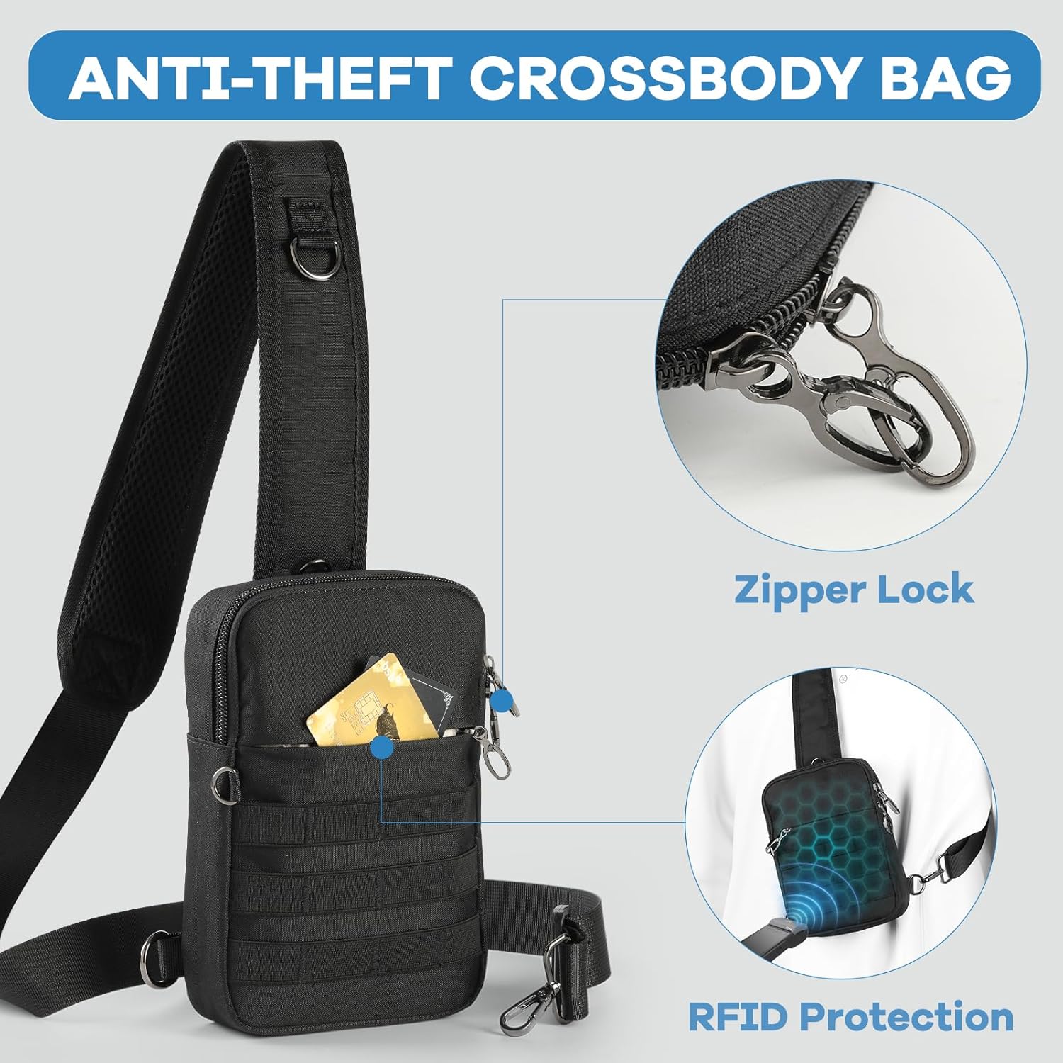 Sling Bag, Tactical Anti Theft Crossbody Bag with Zipper Lock RFID EDC Small Chest Bags for Men Women