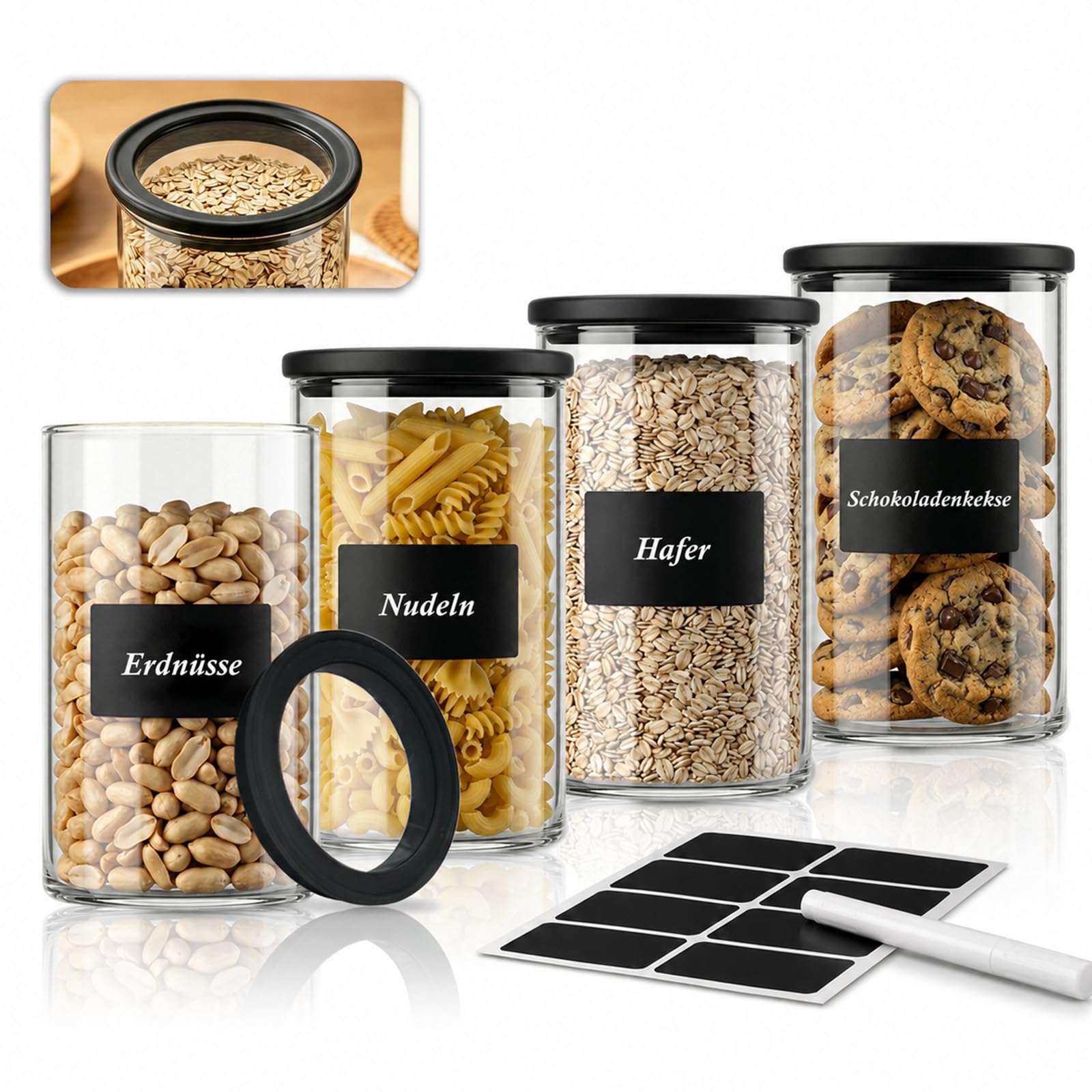 twoant Pot Rond de Bocaux Bocaux Hermetique Alimentaire (4×1200ml) Verre avec Couvercle Transparent les Épices,Céréales,Pâtes,Noix,Biscuits,Piments, Etc