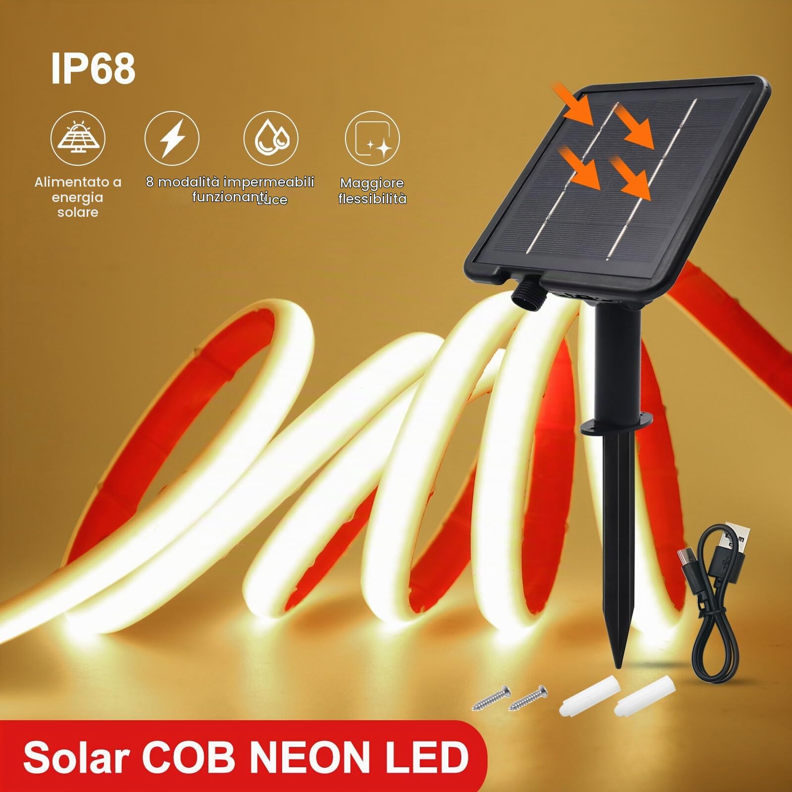 24V Striscia solare per esterni [9M, bianco naturale], IP68 impermeabile flessibile striscia neon COB LED per interni, 7200MAH, 8 modalità di illuminazione, illuminazione giardino/patio/balcone
