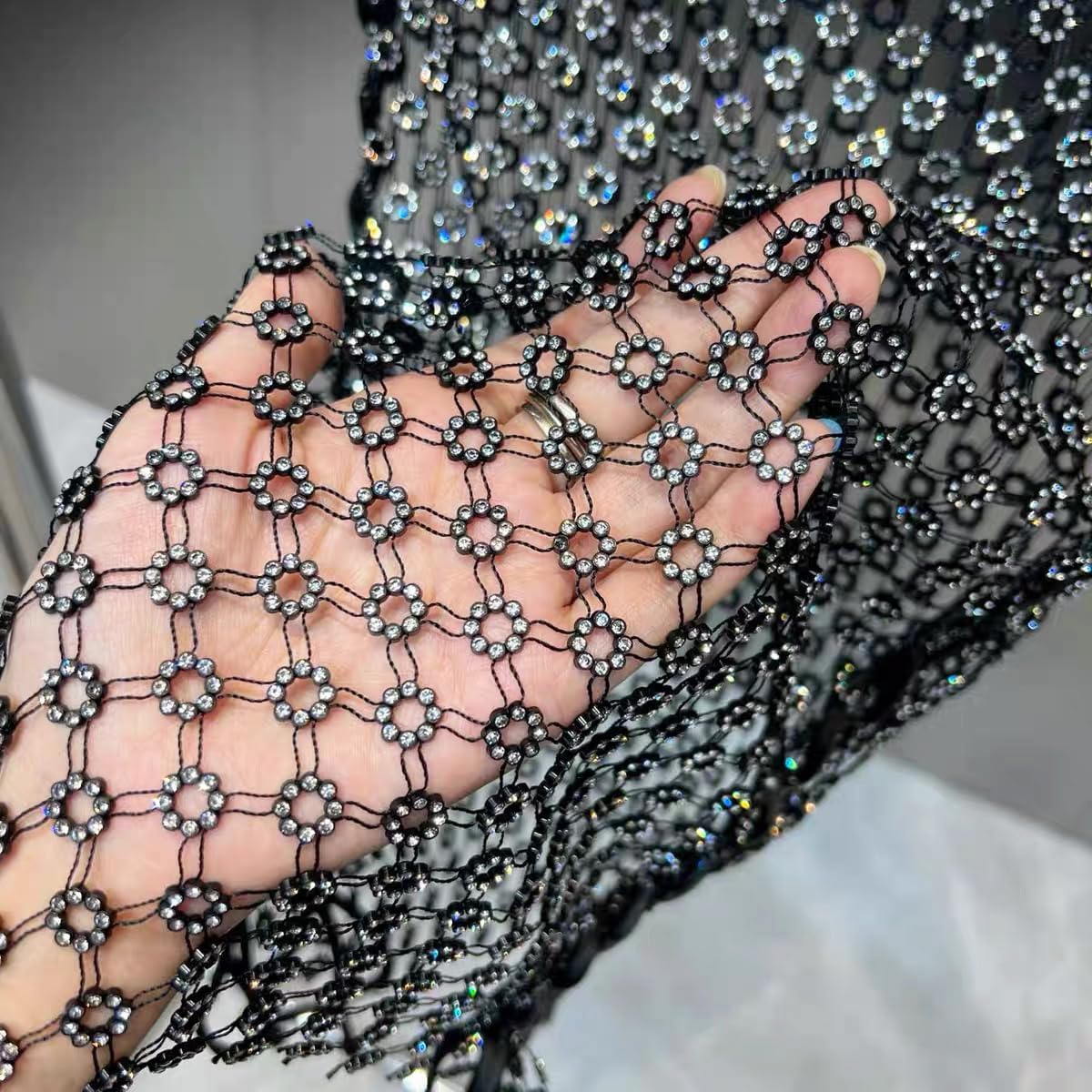 23.6x35 Inch Shiny Stretch Rhinestone Fishnet One Yard Clear Sunflowers Crystal Fishnet Fabric DIY Popular Designer Women's Fashion Rave Party Glitter Dress Headband Mask Decoration (Black, 1 Yard)