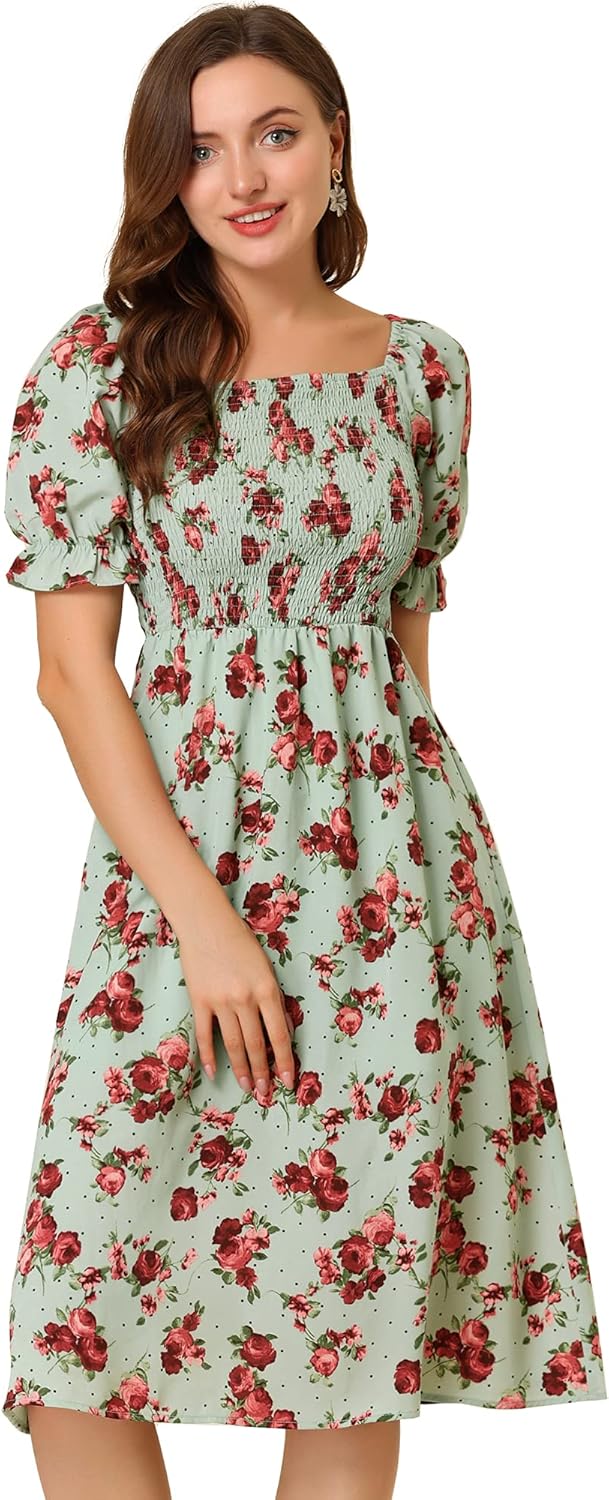 Allegra K Women's Cottagecore Floral Dress Puff Sleeves Smocked Midi Dresses