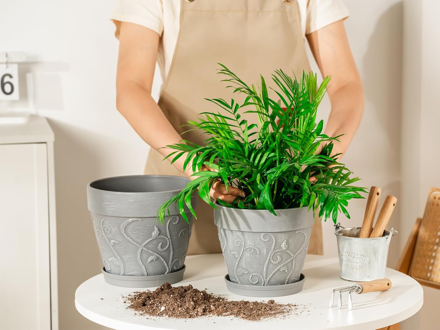 Melphoe Plant Pots Indoor with Drainage & Saucer, 2Pack 7/8 inch Flower Pots Outdoor Planters for Indoor Plants Garden Home Decor Cactus Succulent, Rigid Plastic (Imitation-Terracotta) Vine-Embossed image 4