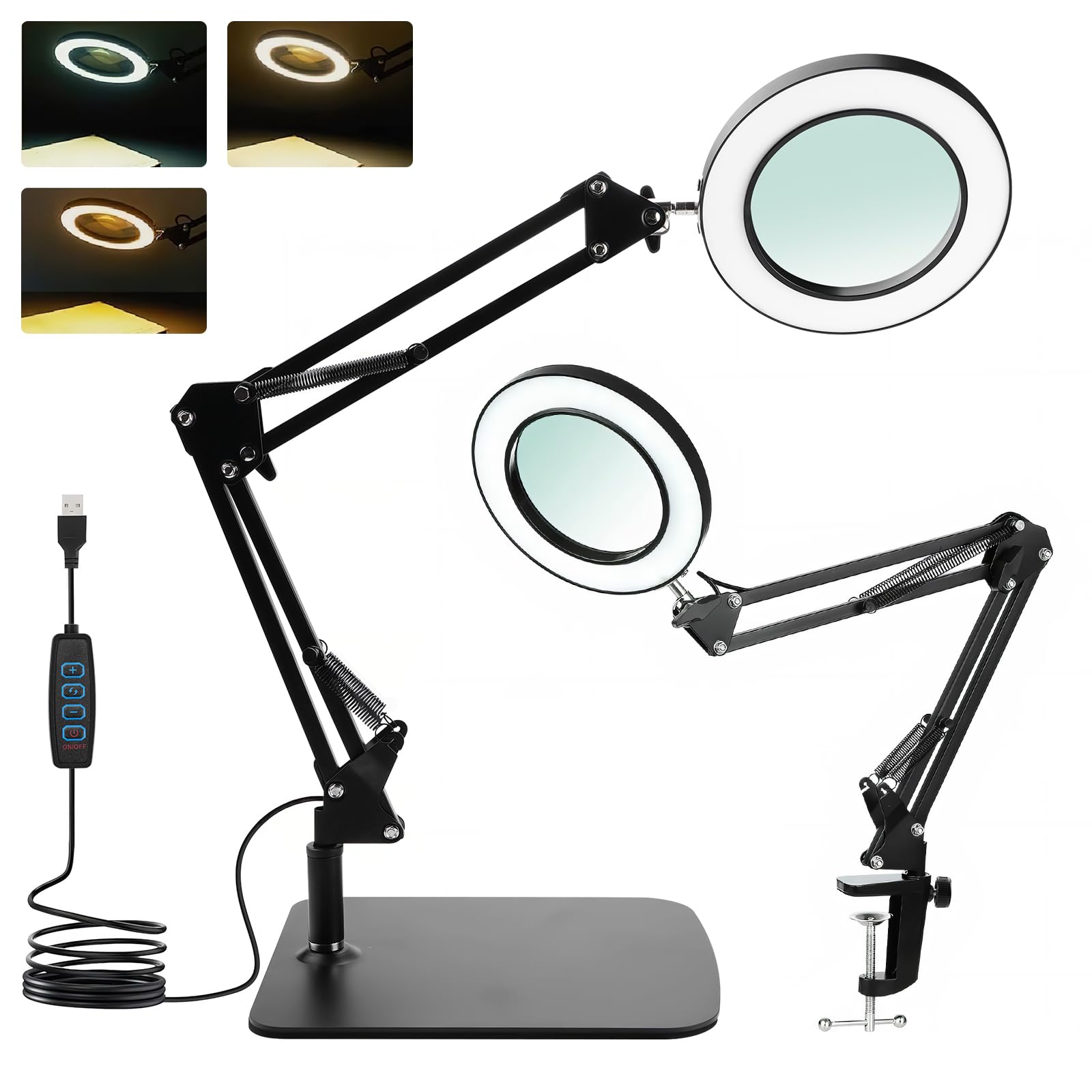 comeder 15X Magnifying Glass with Light & Stand - Adjustable Arm, 3 Colour Modes, Dimmable LED, Hands-Free Clamp for Reading, Crafts, Sewing & Hobbies (basis 1)