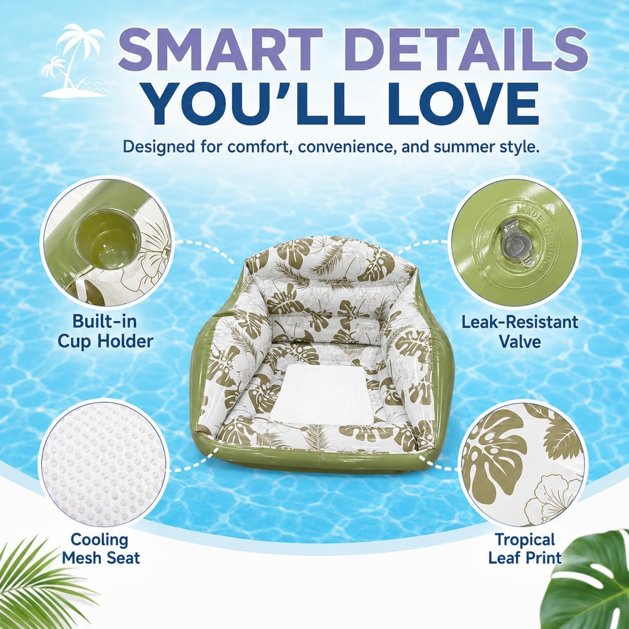Tumbona Inflable Para Piscina Para Adultos Con Portavasos | Silla Flotante Para Piscina Con Portavasos Y Asiento De Malla Refrescante, Tumbona Flotante Con Estampado Tropical Y Respaldo Para 2