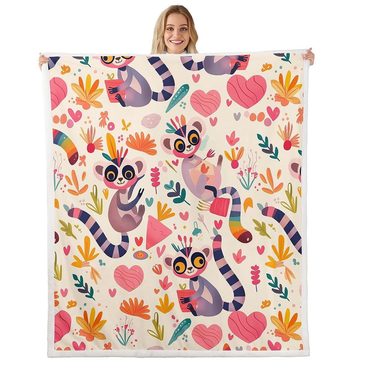 Erosebridal Cartoon Lemur Kids Throw Blanket Throw 50"X60",Red Love Heart Girly Sherpa Blanket Colourful Bohemian Leaf Fleece Blanket Cute Wildlife