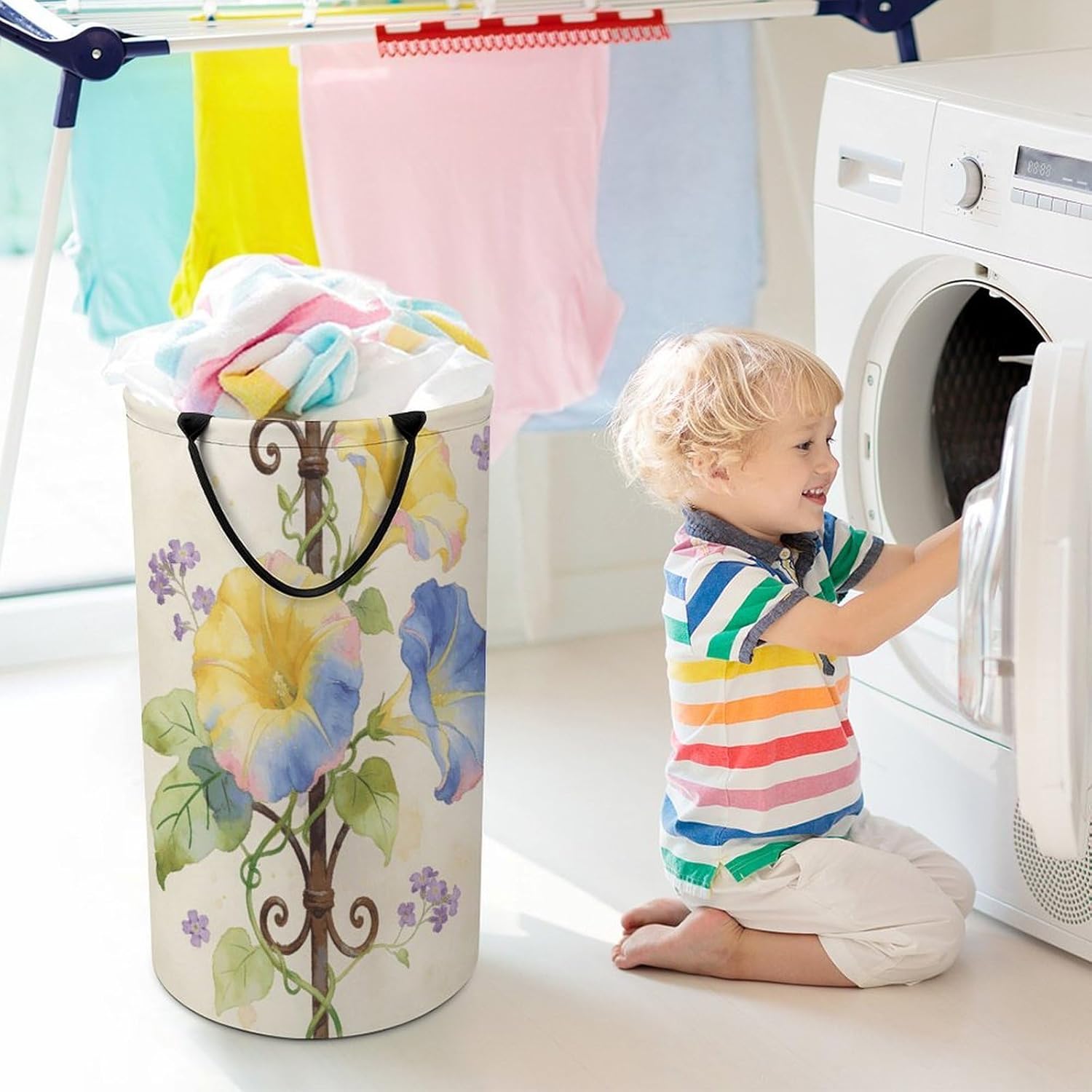 Yellow Blue Morning Glory Laundry Hamper with Handles Waterproof Collapsible Laundry Basket Large Lightweight Round Dirty Clothes Hamper for Home Dorm Bathroom Decor