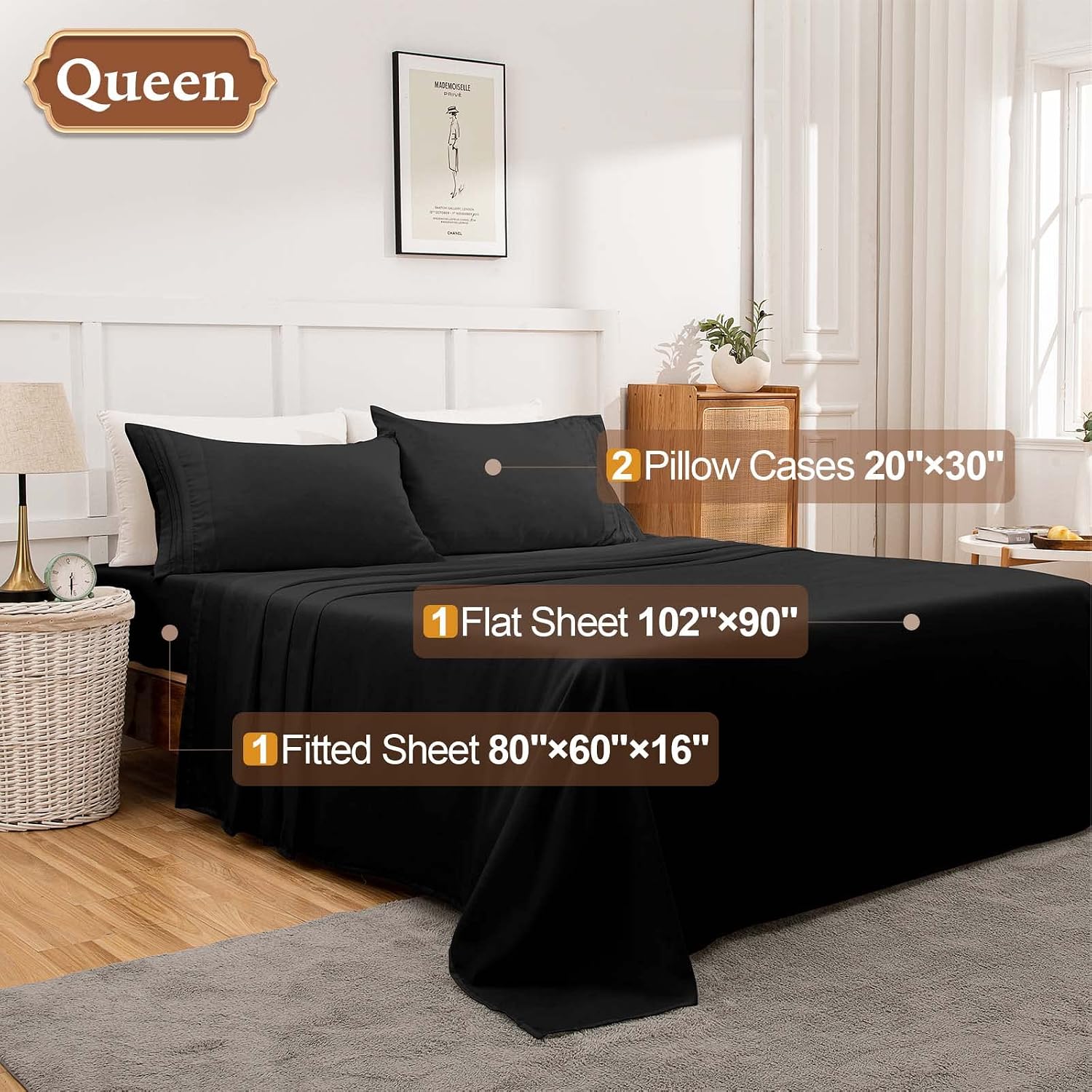 Queen Sheets Set, Ultra Soft Sheets for Queen Size Bed Deep Pockets, Bed Sheets Queen, Comfy Bedsheets Queen Sheet Set, Wrinkle Free 4Pcs -1 Fitted Sheet, 1 Flat Sheet, 2 Pillowcases(Queen, Black)