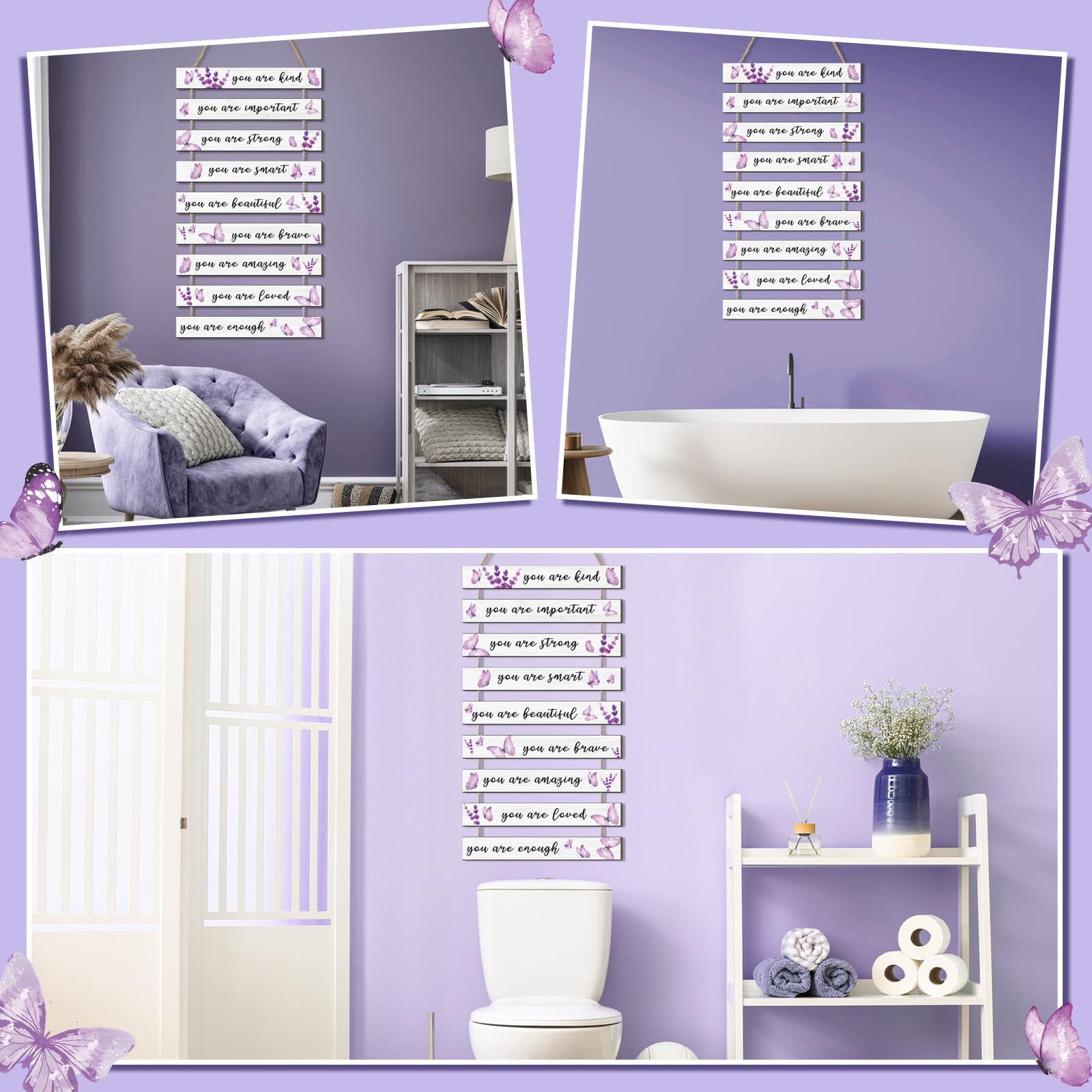 9 piezas de mariposa morada inspiradora decoración de pared de mariposa arte de pared para niñas, decoración de dormitorio de niñas, letreros de arte colgantes de madera morada, regalos de 6