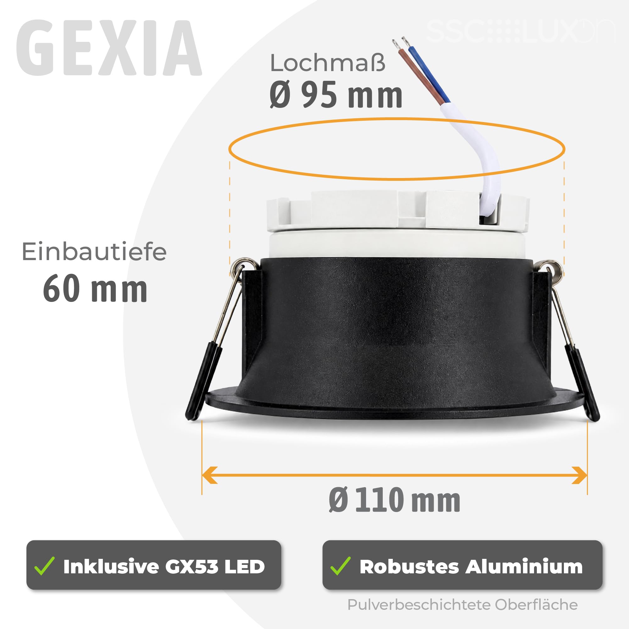 SSC-LUXon GEXIA Einbaustrahler 6er Set schwarz-gold GX53 3W 3 Lichtfarben | Sechs Deckenspots schwarz-gold - warm / neutral / kalt per Schalter, für Küche, Flur & Wohnzimmer, inkl. GX53 LED