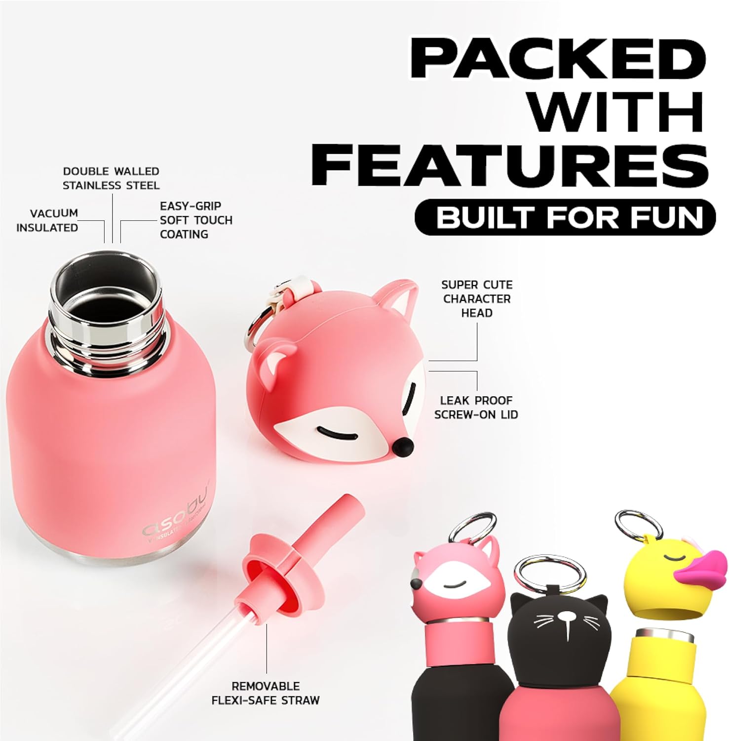 Mini Bestie Water Bottle Cute Collectible Character Bottle for All Ages Leakproof Stainless Steel, 6.7oz, BPA-Free with Strap & Clip Insulated Bottle for Travel, Work & Gifting