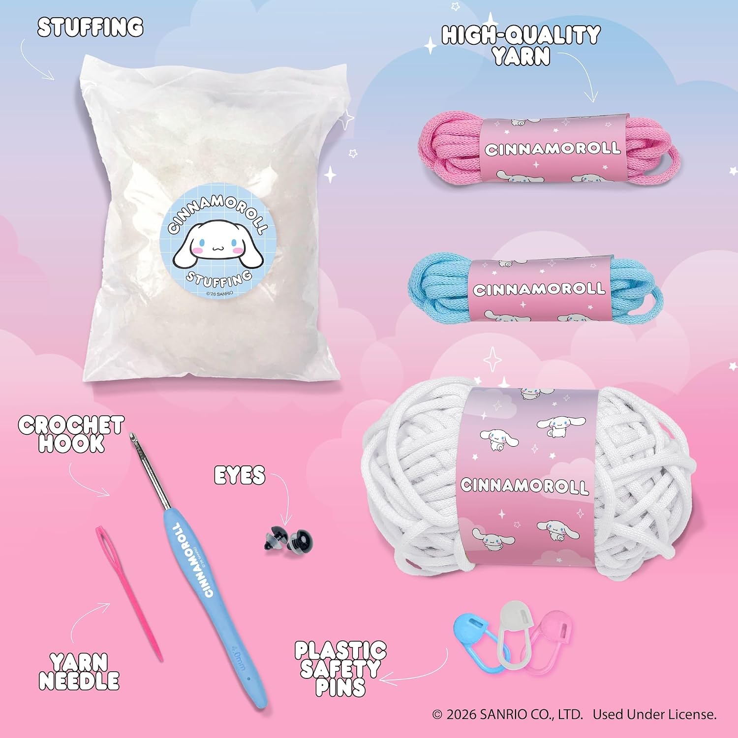Hello Kitty® and Friends Crochet Kit – Cinnamoroll™ Bag Charm, Sanrio Crochet Kit for Beginners with Yarn, Starter Hooks, Step-by-Step Tutorials, DIY Craft, Great Teen Gifts