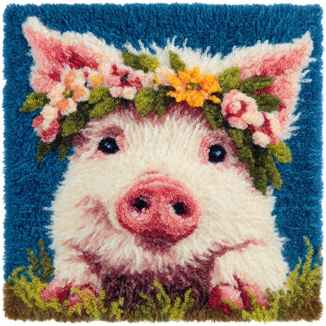 Kitquiver Animal Cushion Making Kit Pigs and Flowers Latch Hook Kit Pillow DIY Rug Crochet Hook Cushion Making Kits with Preprinted Pattern Canvas 17x17In