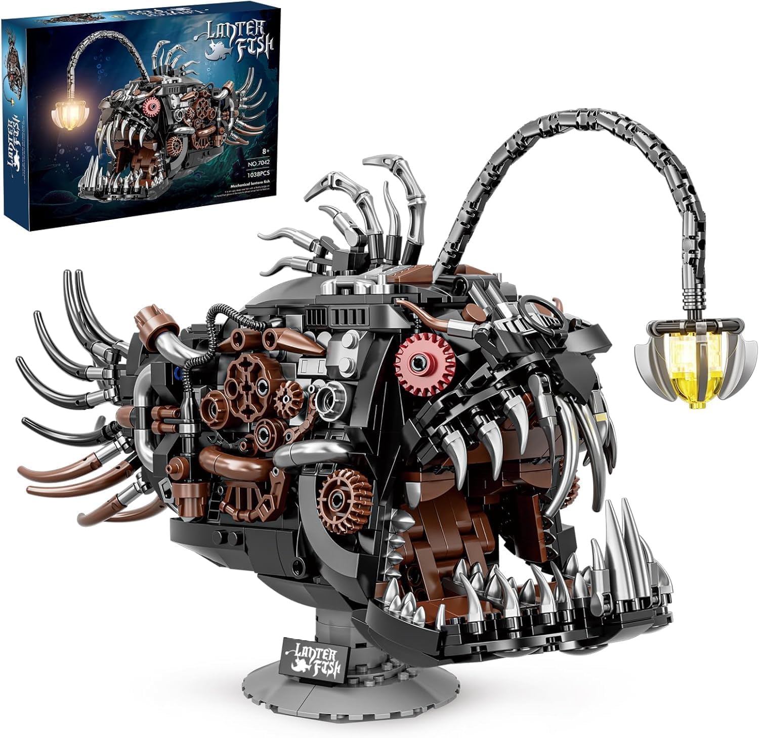 Mechanical Lantern Fish Building Block Set,1038 PCS Ocean Animals Decor Collection Toy Compatible with Lego Sets for Boys 8-14,STEM Birthday Gift for Adults Women Girls Boys Age 8-12(with LED)