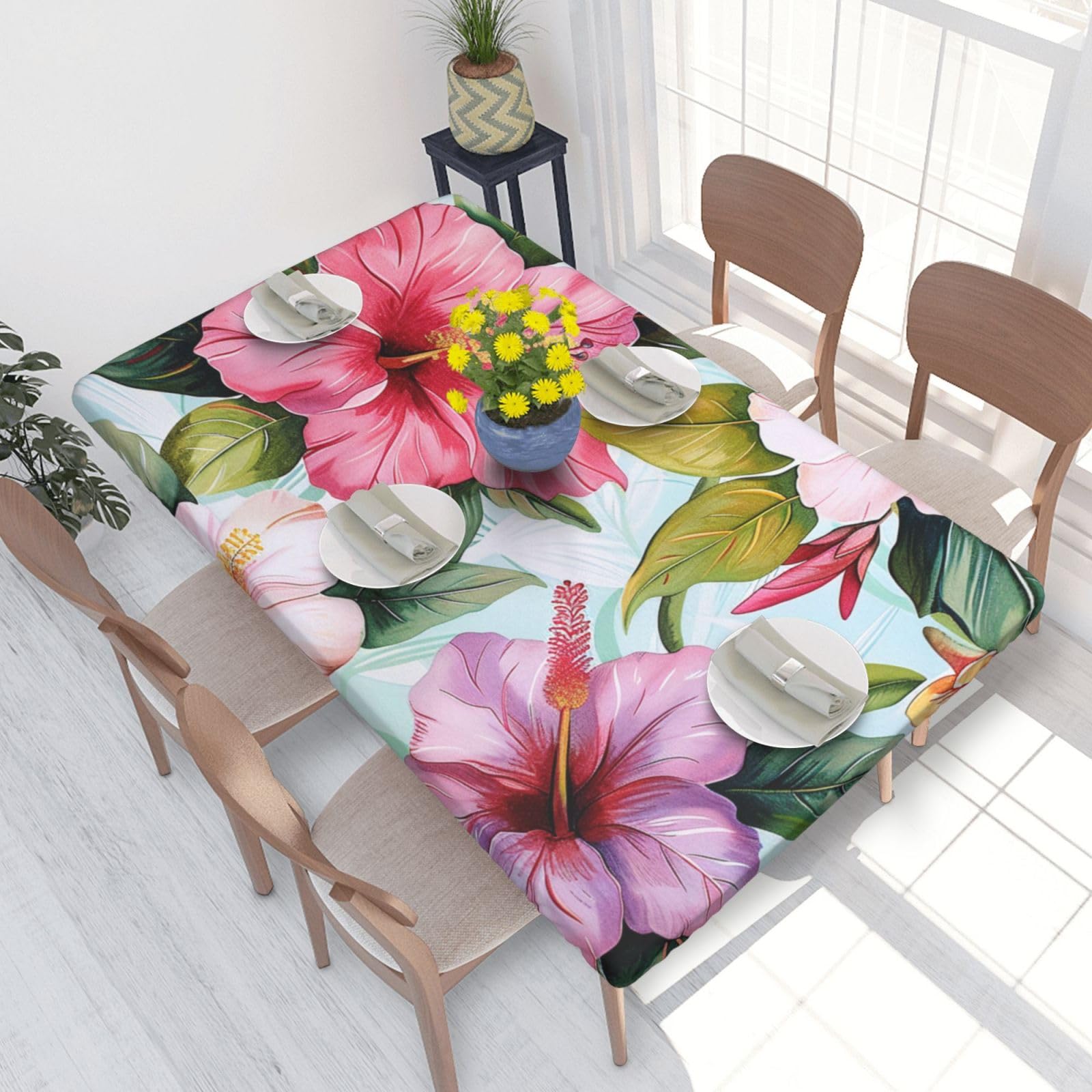 WPKJU Hawaiian Flowers Print Printed Tablecloths 4ft Rectangular Table Covers Washable Polyester Decorative Table Cloth for Dining Table Picnic Wedding
