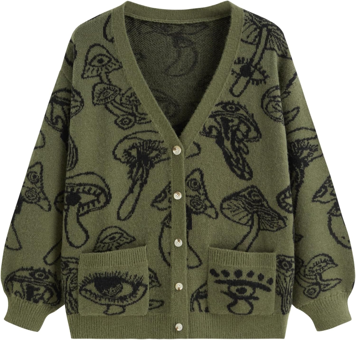 CIDER Knit V-Neck Mushroom Graphic Cardigan Curve & Plus