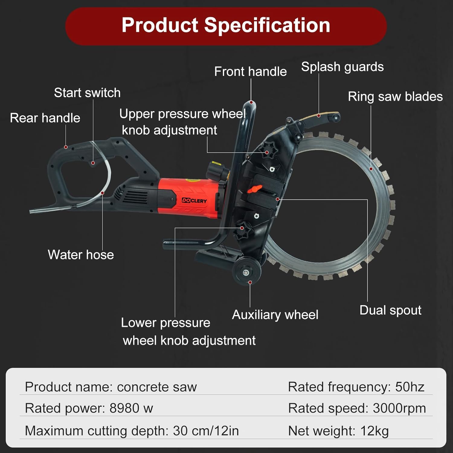 powerful 8980W/110V 16in ring concrete saw cutter - electric concrete saw for granite, porcelain, wood, stone - with 2 premium blades