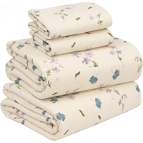 RUVANTI Flannel Sheets King Size - 100% Cotton Brushed King Size Sheets Set - Deep Pockets 16 Inches Bed Sheets - All Seasons Breathable & Extra Soft - Warm & Cozy, 4 Piece, Jasmine Stamp Cream