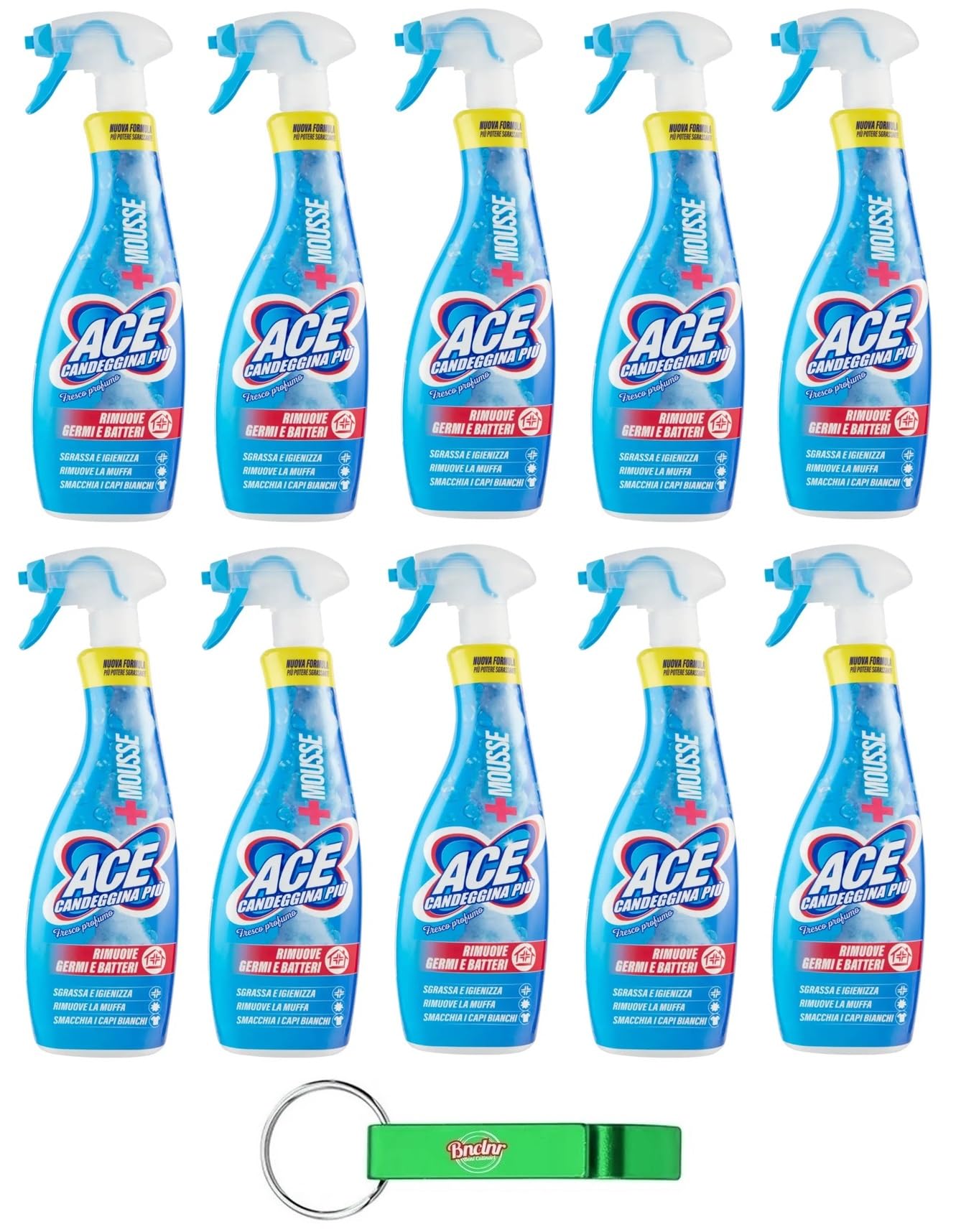 10x ACE Candeggina +Mousse Fresco Profumo, sgrassa le superfici della casa e le macchie più ostinate del bucato,Flacone Spray da 700ml + Portachiavi Beni Culinari in Omaggio