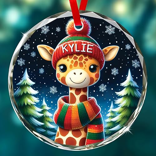 Adorno de cristal de jirafa con nombre personalizado, regalo de adorno de Navidad personalizado para amantes de las jirafas, adornos de Navidad