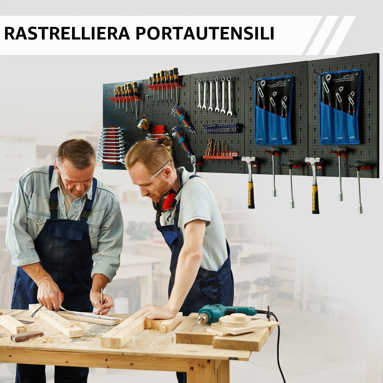 CCLIFE Pannello Porta Attrezzi Da Parete Con 43 Supporti Officina Forato Portautensili Stoccaggio 200 x 60 x 2 cm 5 Pezzi Espandibile Mensola da Parete Porta Attrezzi Nero