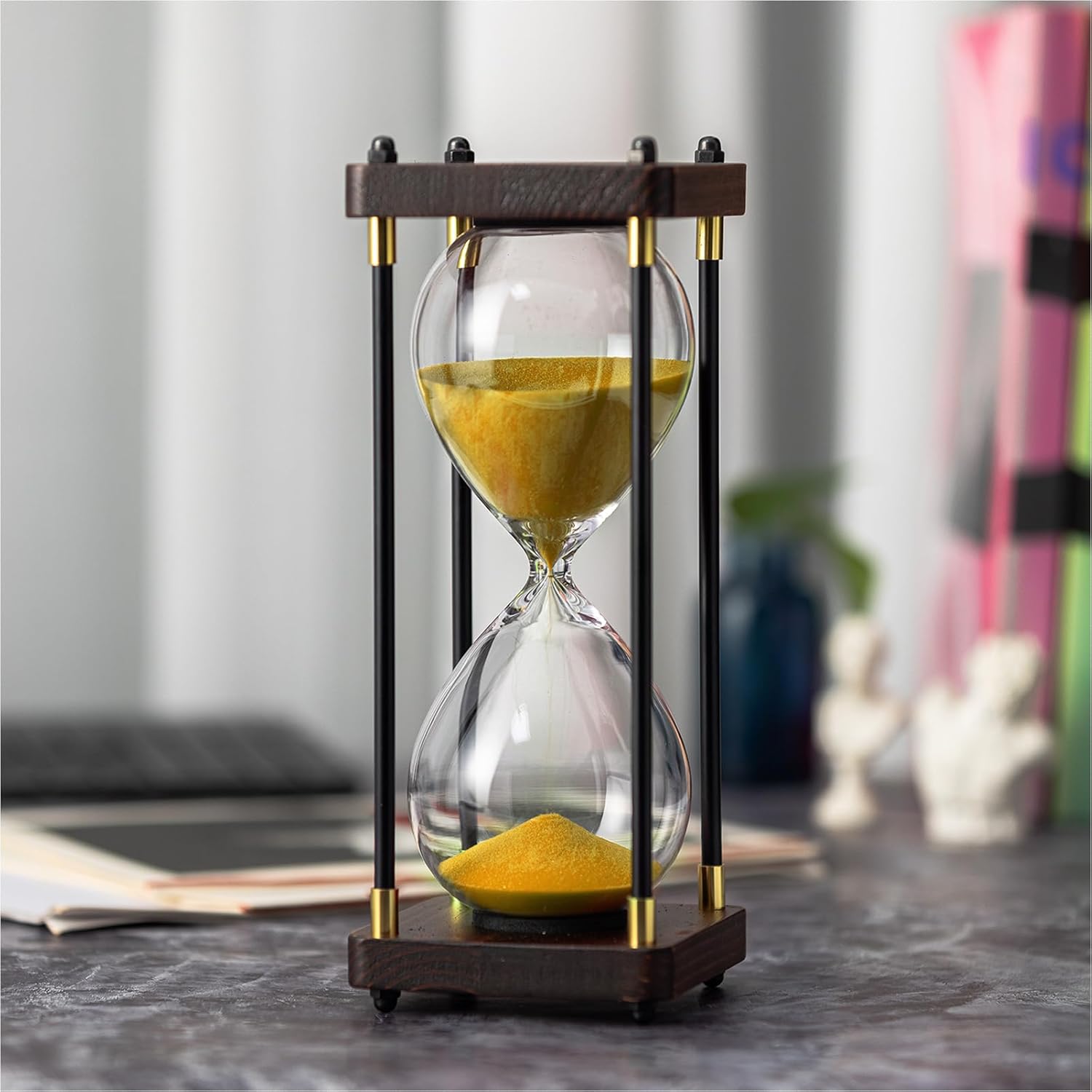 Hourglass Timer 60 Minute, Hexagon Wooden Frame Decorative Sand Timer (Black Sand, Large Size)