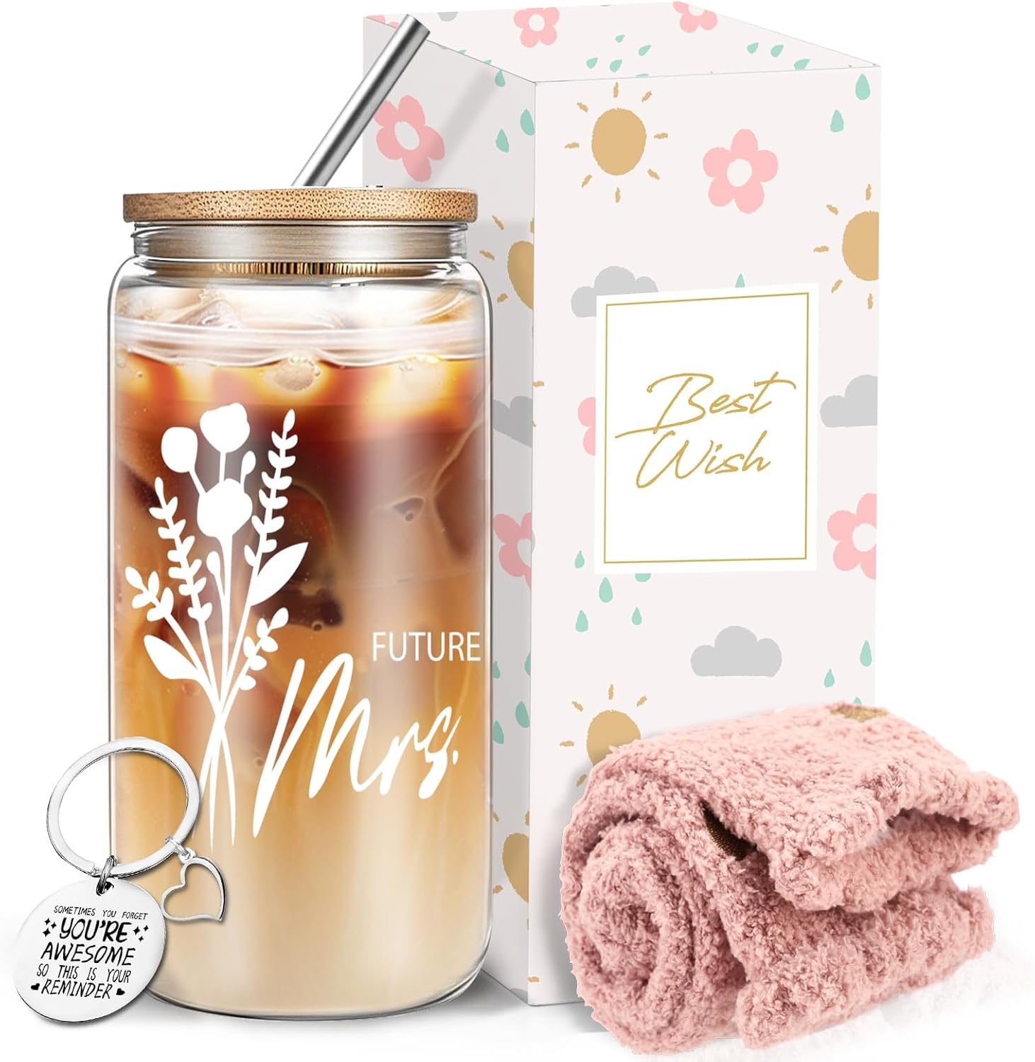 Future Mrs Gifts - Bride to Be Gifts -16 Oz Glass Cup with Bamboo Lid and Straw - Bridal Shower Gift for Women