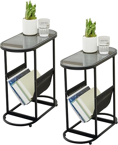 Juego de 2 mesas auxiliares modernas de forma ovalada con almacenamiento de revistas, mesa auxiliar pequeña, mesita de noche, parte superior de