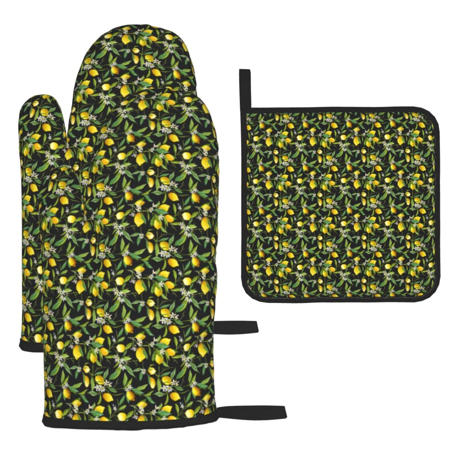 Lemon And Flower Print Oven Set Kitchen Gloves Baking Grilling Microwaving Cooking Gift Everyday Holiday