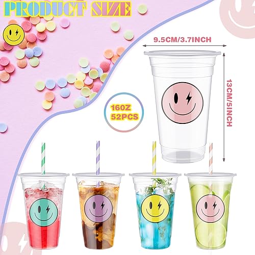 Miniatura 3 de Norme Juego de 52 vasos de plástico con tapa de cara sonriente de 16 onzas, vasos desechables transparentes para café helado con rayas coloridas,