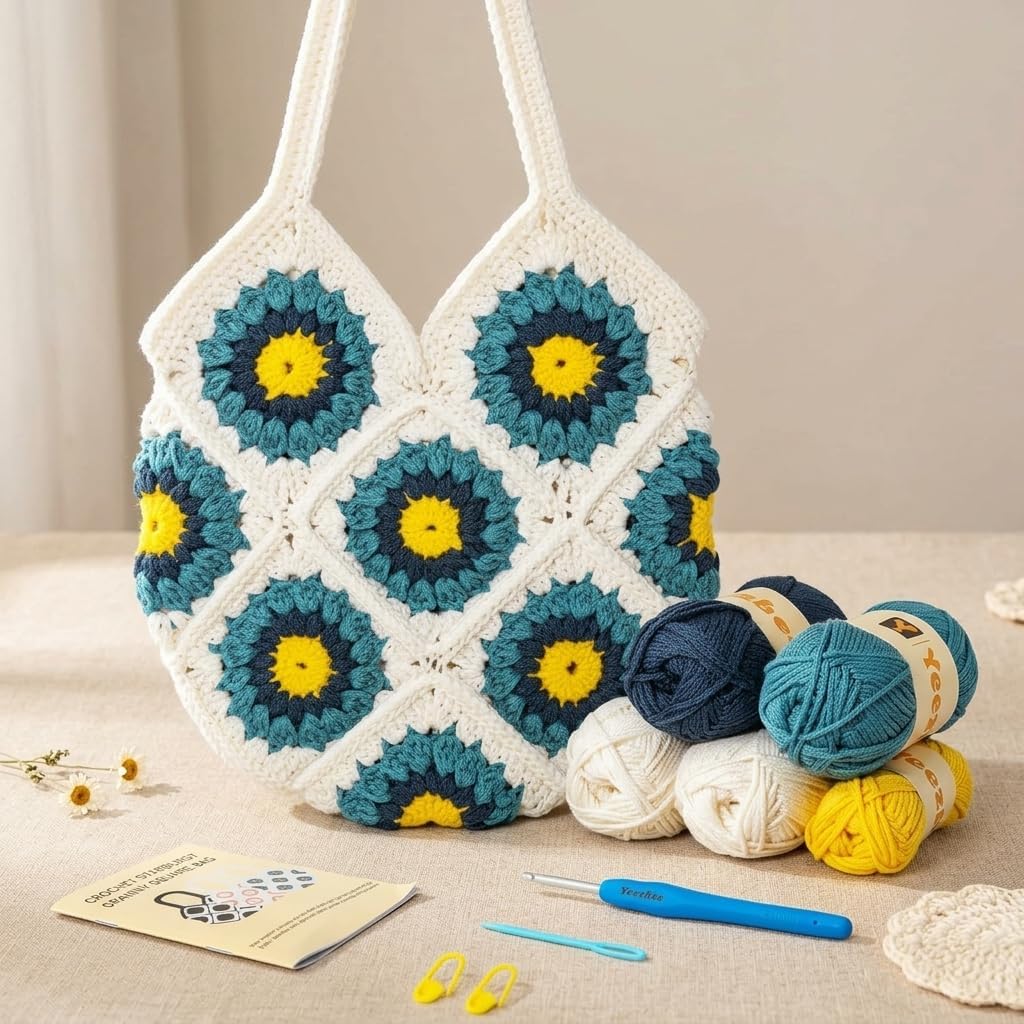 SILENRADAWN Crochet Bag Kit Square Tote Project with Video Yarn Hook Guide