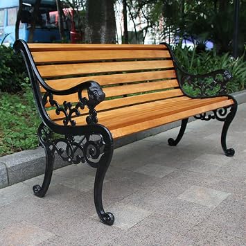 Solid Wood Outdoor Park Bench with Backrest, Wrought Iron Bench,Comfortable Natural Slat Seat with Carved Armrests, for Garden, Park,Patio, OutsideA,125cm/47.2in