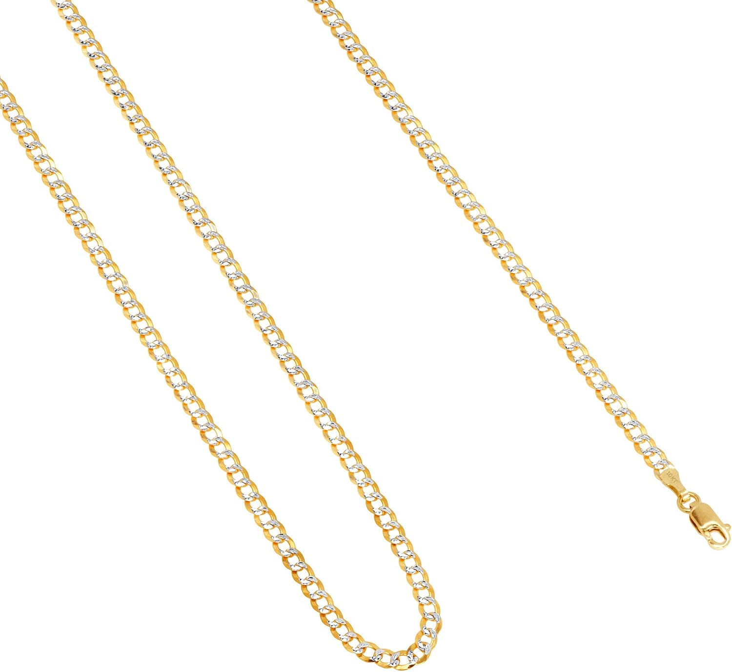 Nuragold 10k Real Yellow Gold Solid Cuban Curb Link 3mm Diamond Cut Pave Chain Necklace (16"-30") Two Tone Italian Jewelry for Men & Women