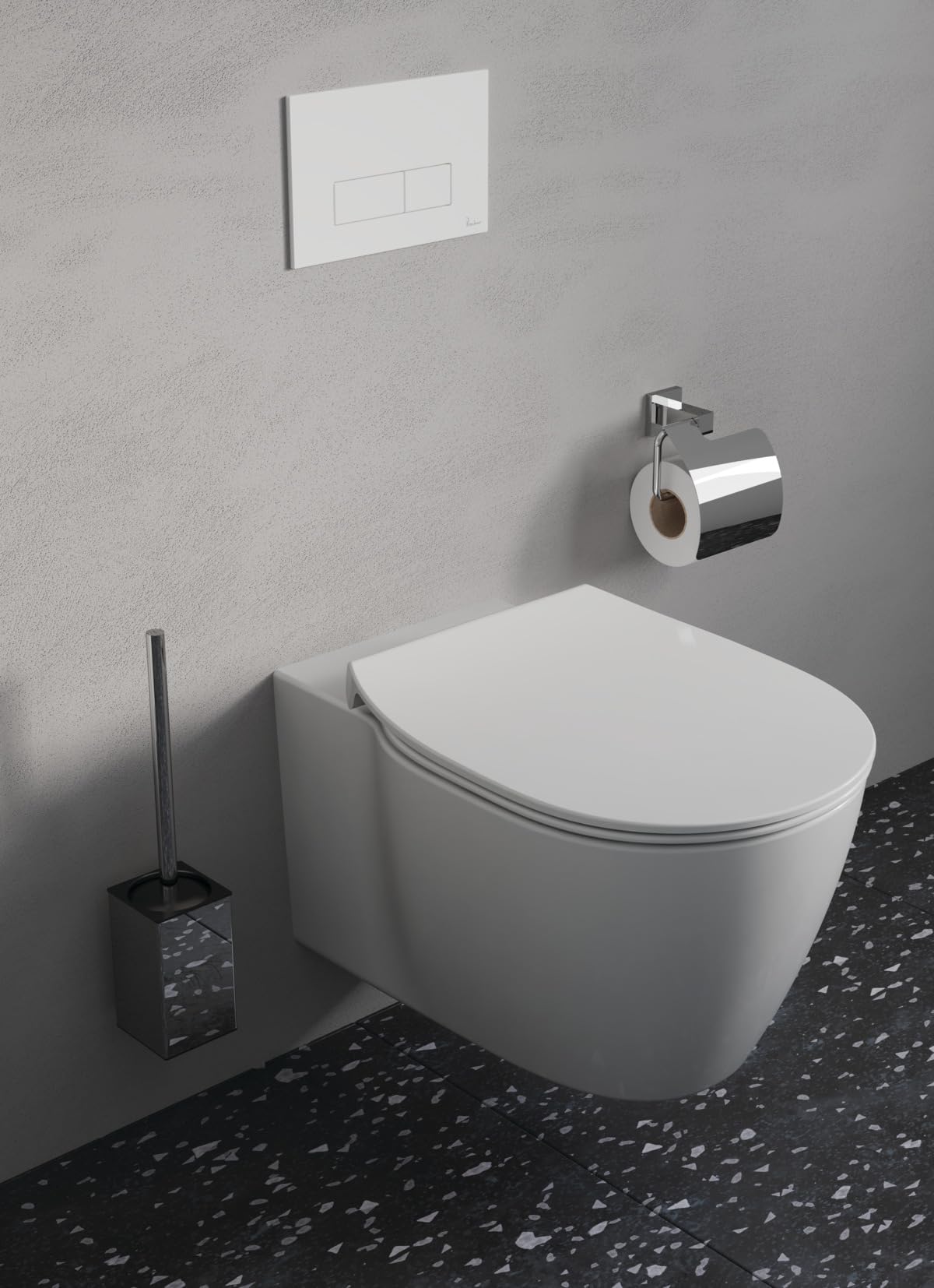 Ideal Standard – IOM Square Set de Accesorios, Compuesto por Portarrollos de Papel y Juego de cepillos, Cristal extraíble, Fijación Oculta y fácil Montaje, Soporte de Metal, Cromo
