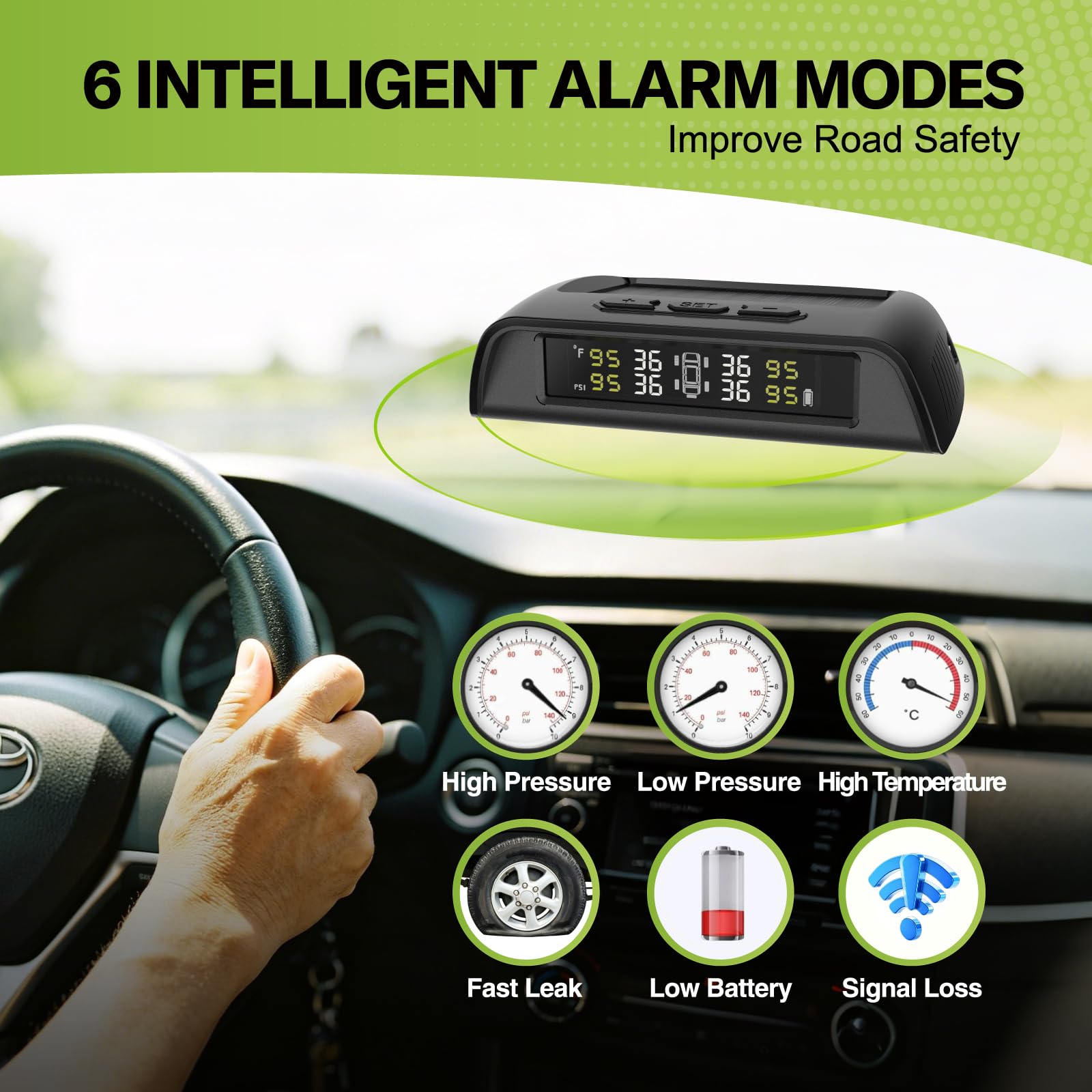 RVMATE Sistema di monitoraggio della pressione dei pneumatici RV con la carica solare, sensori TPMS 4 | 6 modalità di allarme, 0-87 psi, ideale per camper, rimorchi, camion e SUV