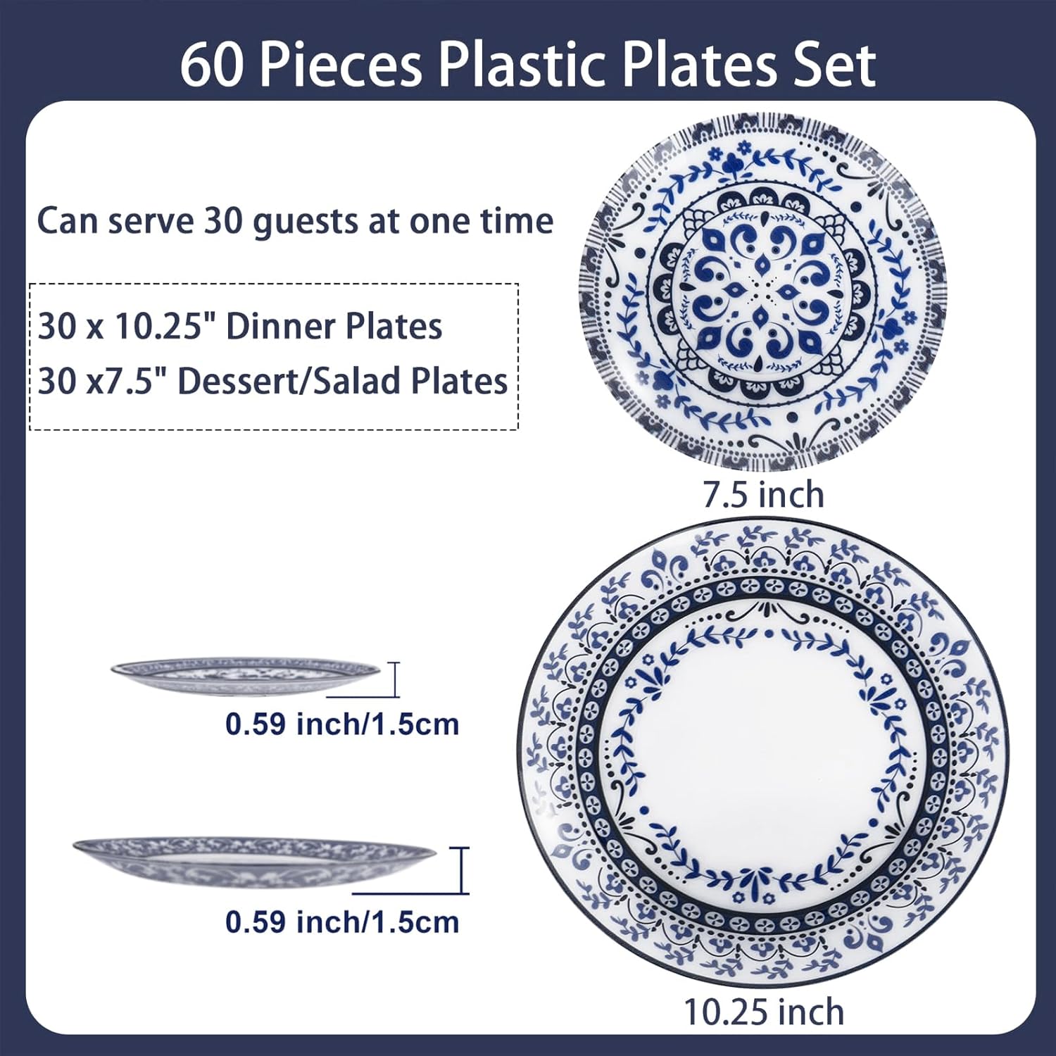 Hioasis 60pcs Blue Plastic Plates Set - Floral Blue & White Porcelain Design, 10.25" Dinner & 7.5" Dessert Plates Disposable for Wedding (Dishwasher Safe, Traditional Style) - Image 3