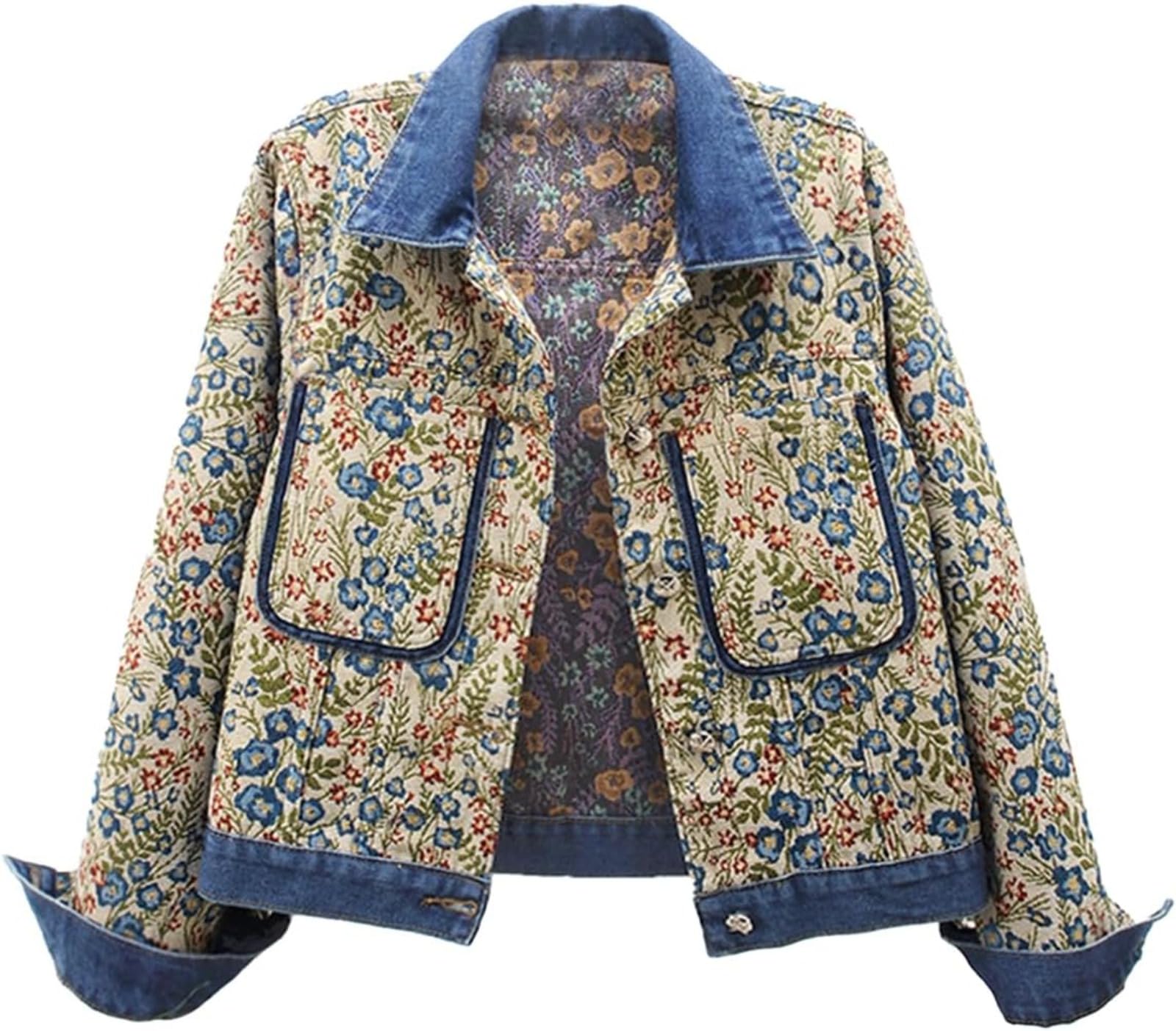 Genérico Moda para Mujer Patrón Floral Retro Solapa Clásica Versátil Chaqueta De Mezclilla Recortada Primavera Y Otoño Elegante Tendencia Callejera Chaqueta De Manga Larga