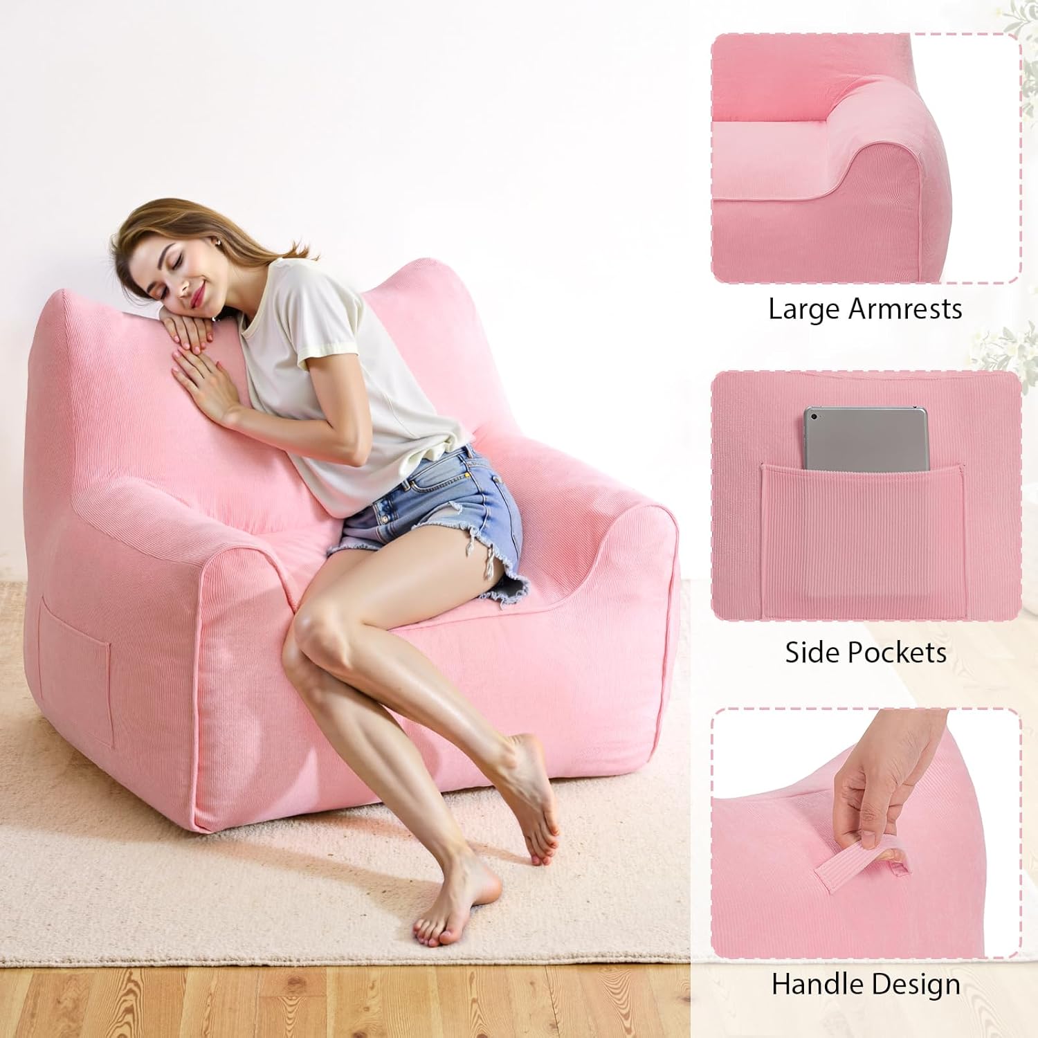 HOMMPA Bean Bag Chair for Adults with Armrests- Cat Shaped Large Comfy Beanbag Lazy Floor Sofa Chair for Living Room Bedroom Dorm Pink