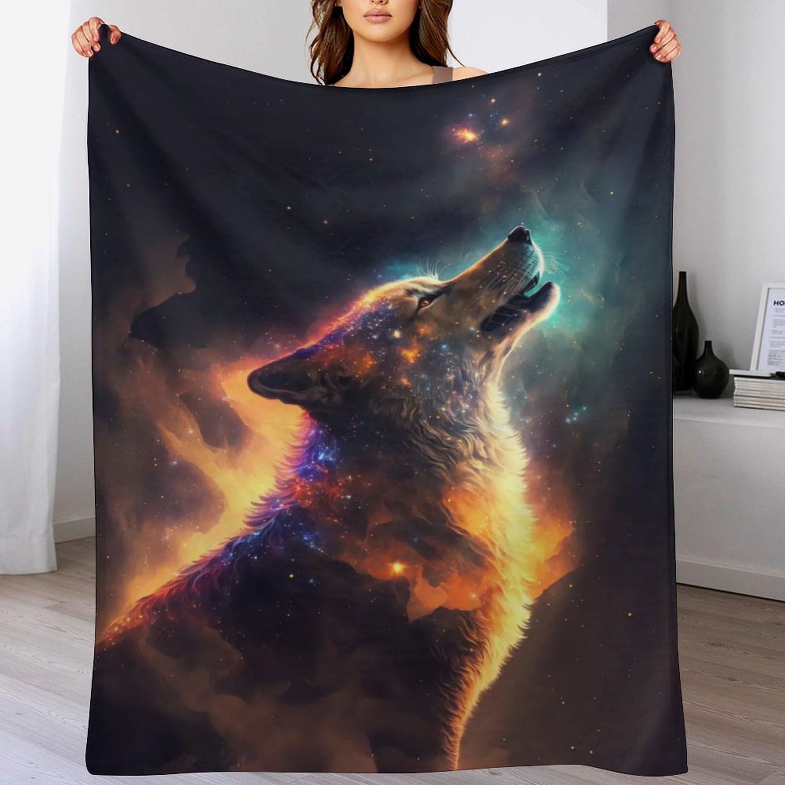 Couverture polaire Loup in Space, flannel douce et isolante pour un lit chaud