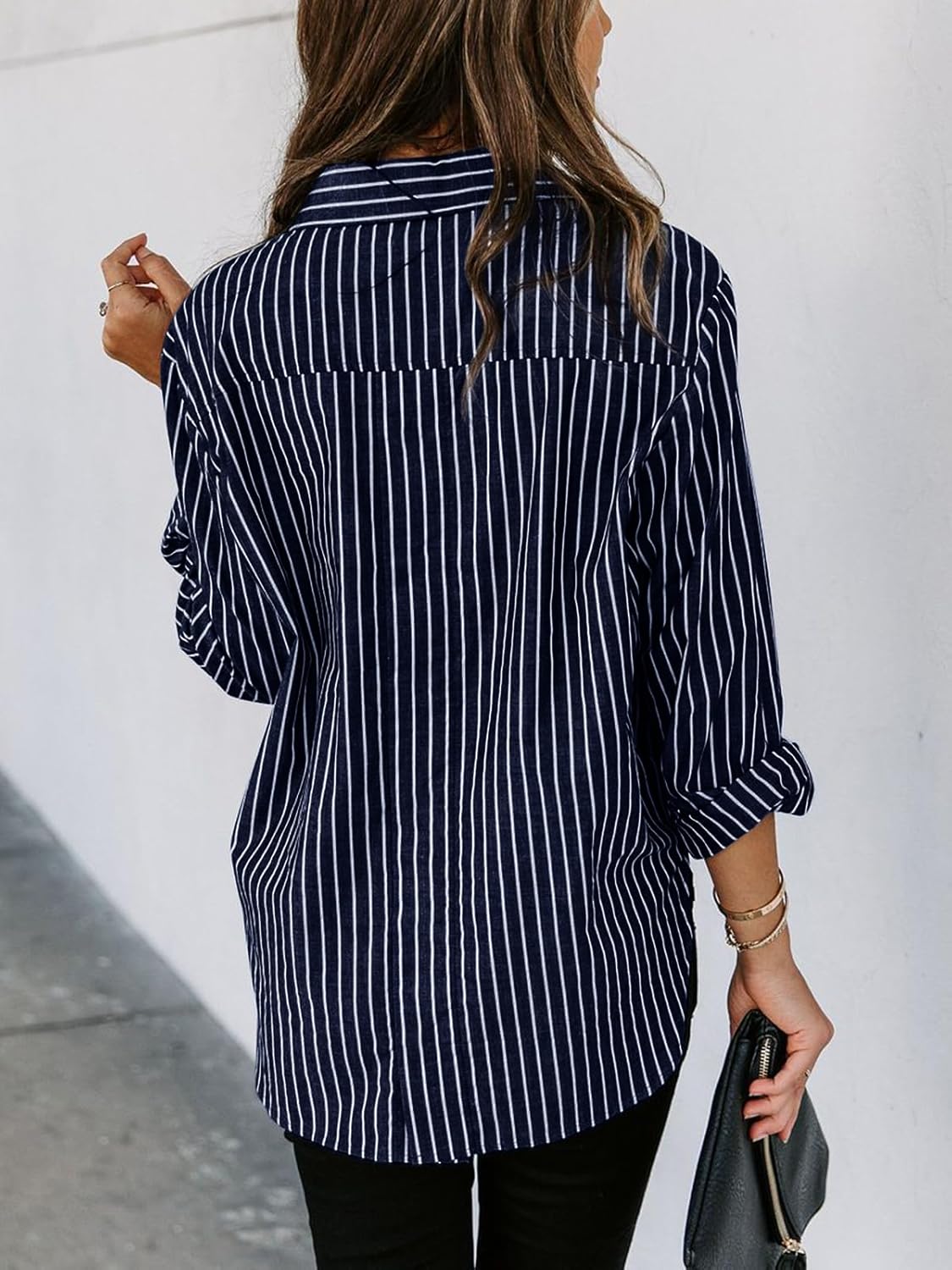 Womens Button Down Shirts Cotton Striped Dress Shirt Long Sleeve Collared Office Work Pinstripes Blouses Tops - Image 2