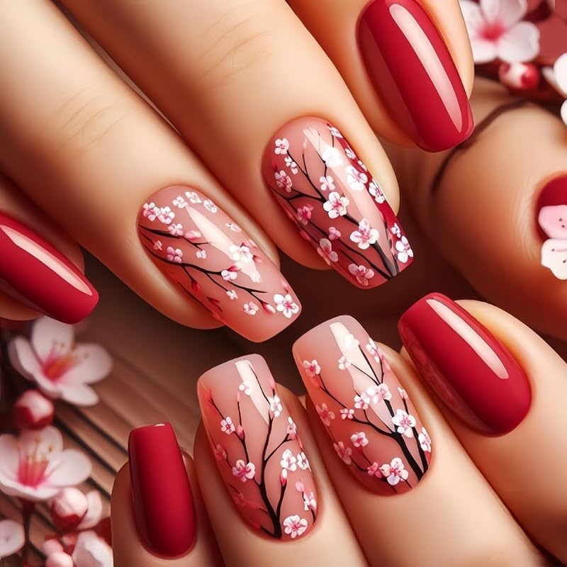 TBRZTR Flower Press on Nails Medium Red False Nails Spring Floral Acrylic Nails Full Cover Artificial Stick on Nails Glossy Coffin Nails Press on Nails with Design Acrylic Glue on Nails for Women