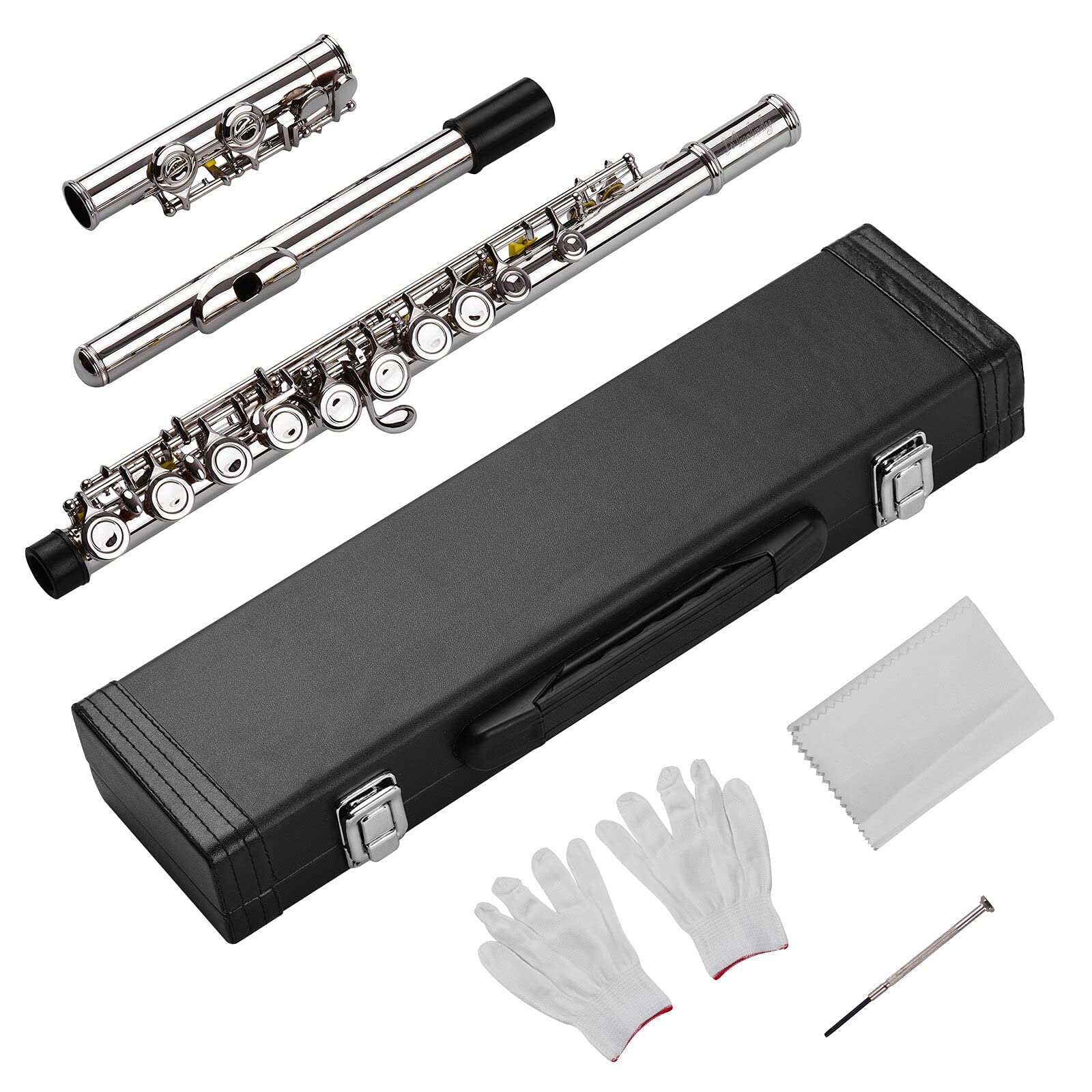 Flauta de 16 Agujeros, Llave C, Flauta de Concierto Occidental, Instrumento de Viento de Madera de cuproníquel Chapado en Plata con Guantes, Bolsa para Destornillador